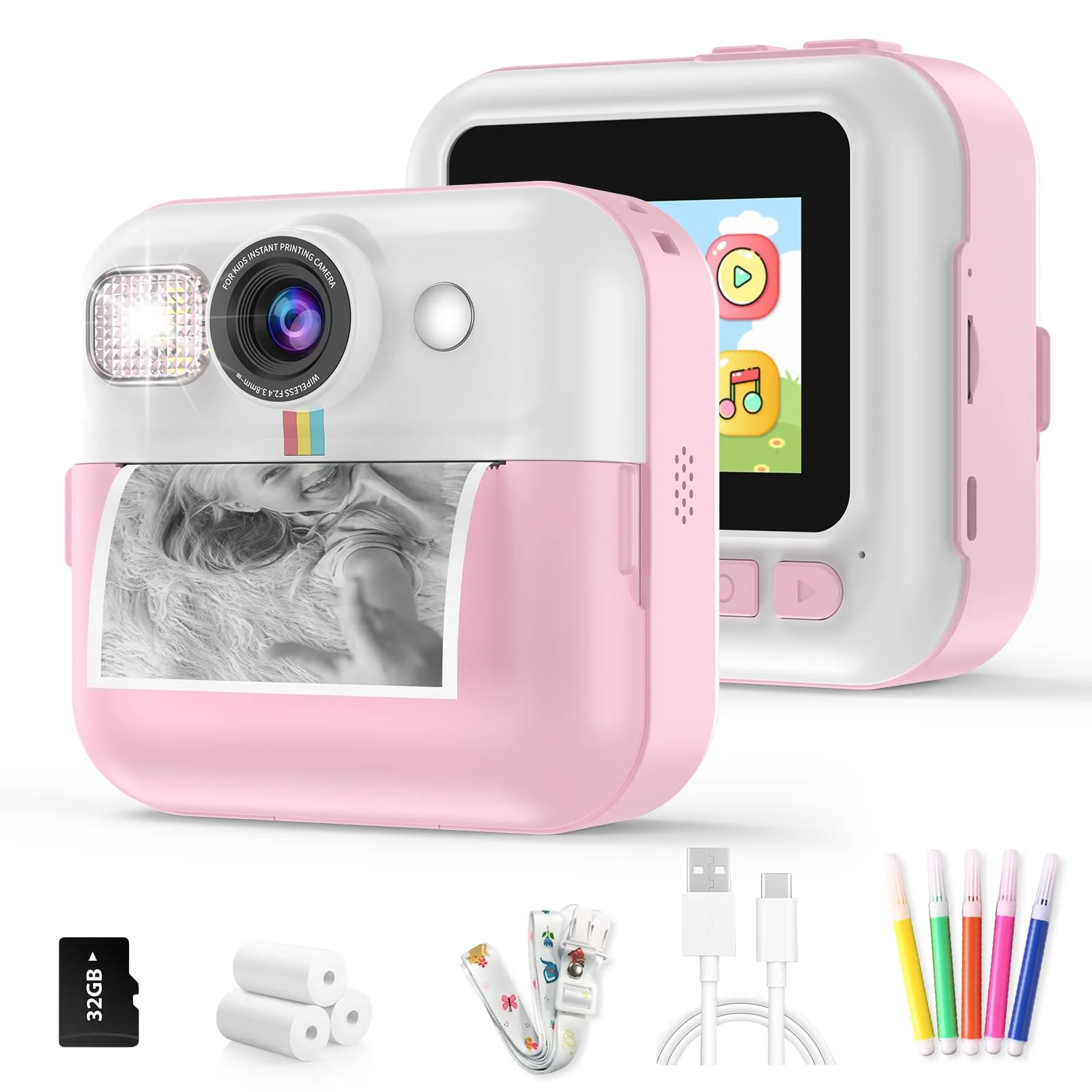 Kids Camera,Toddler Camera Instant Print Toys,1080P Children Printable Camera,Pink Selfie Camera Christmas Birthday Gifts for Girls Boys Age 3-10 with 3 Roller Photo Paper (Pink) Pink