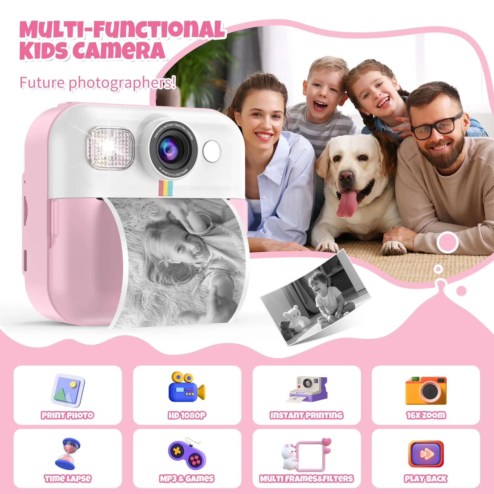 Kids Camera,Toddler Camera Instant Print Toys,1080P Children Printable Camera,Pink Selfie Camera Christmas Birthday Gifts for Girls Boys Age 3-10 with 3 Roller Photo Paper (Pink) Pink - Image 2