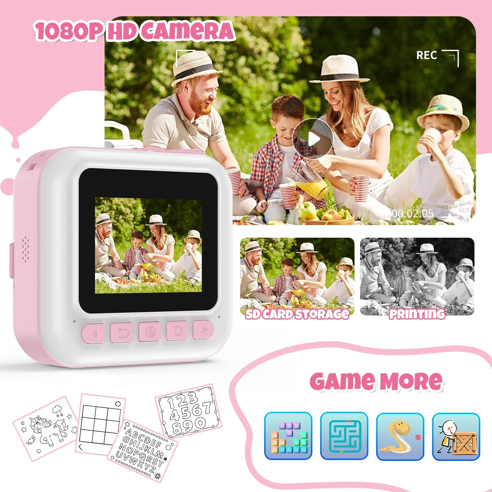 Kids Camera,Toddler Camera Instant Print Toys,1080P Children Printable Camera,Pink Selfie Camera Christmas Birthday Gifts for Girls Boys Age 3-10 with 3 Roller Photo Paper (Pink) Pink - Image 3