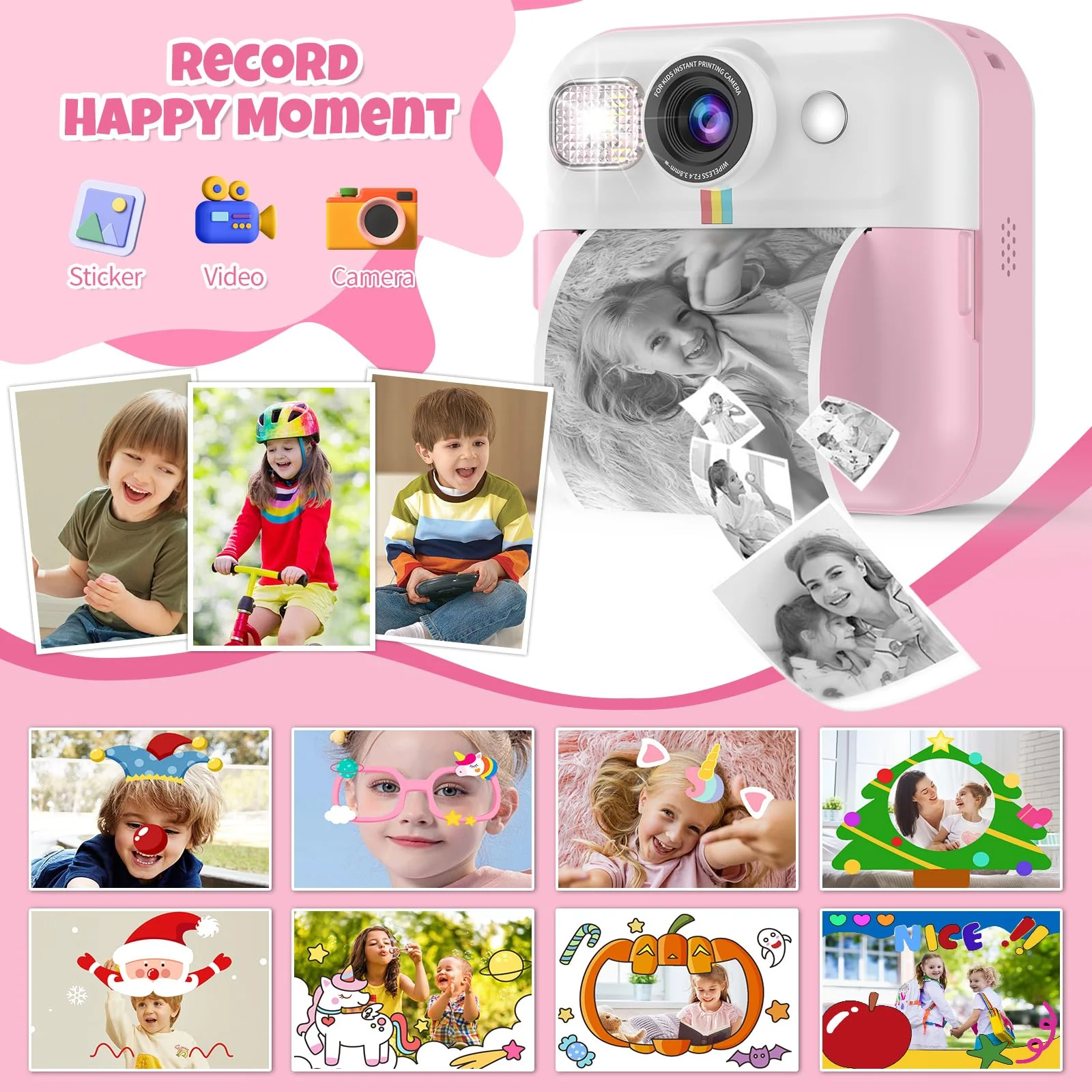 Kids Camera,Toddler Camera Instant Print Toys,1080P Children Printable Camera,Pink Selfie Camera Christmas Birthday Gifts for Girls Boys Age 3-10 with 3 Roller Photo Paper (Pink) Pink - Image 4
