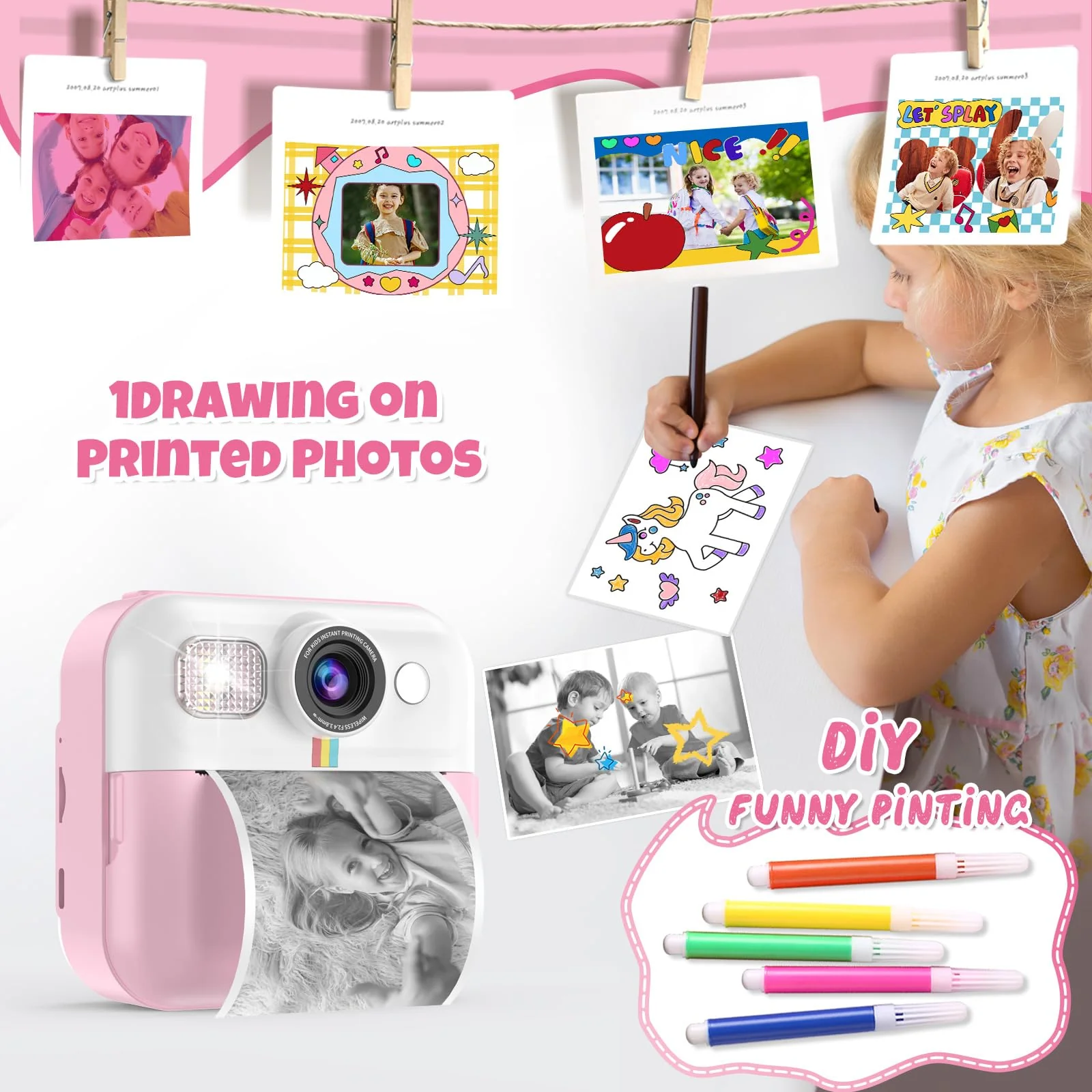 Kids Camera,Toddler Camera Instant Print Toys,1080P Children Printable Camera,Pink Selfie Camera Christmas Birthday Gifts for Girls Boys Age 3-10 with 3 Roller Photo Paper (Pink) Pink - Image 5