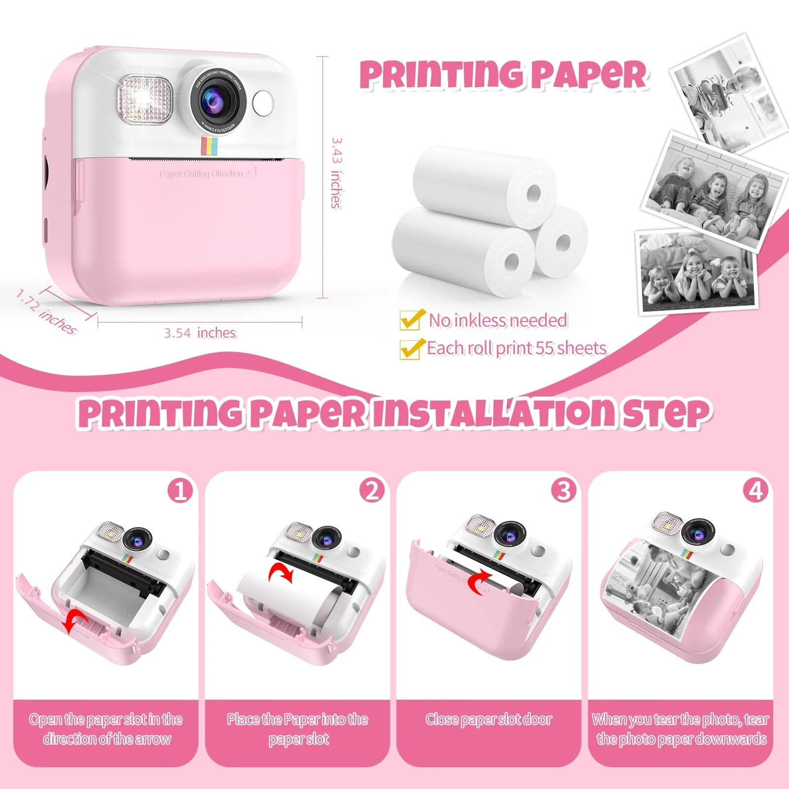 Kids Camera,Toddler Camera Instant Print Toys,1080P Children Printable Camera,Pink Selfie Camera Christmas Birthday Gifts for Girls Boys Age 3-10 with 3 Roller Photo Paper (Pink) Pink - Image 6