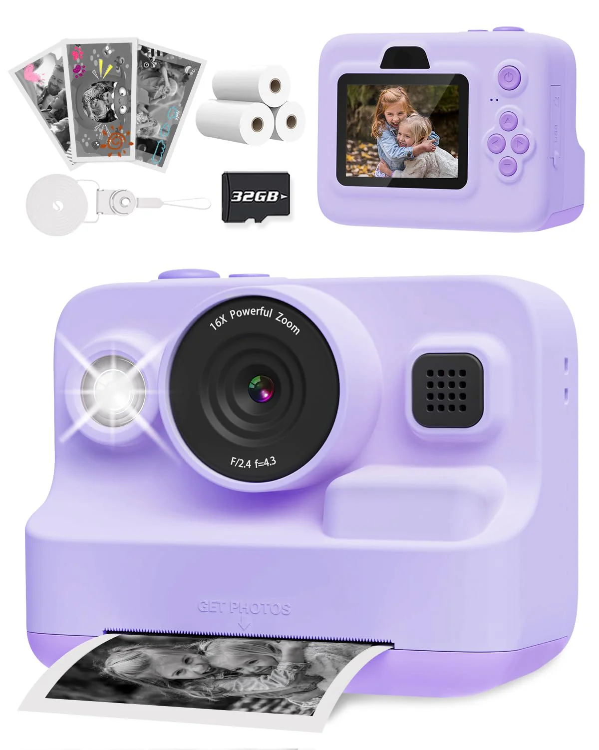 Kids Digital Camera with 1080P Video, IPS Screen, 32GB SD Card - Christmas Gift, Age 3-12 Purple