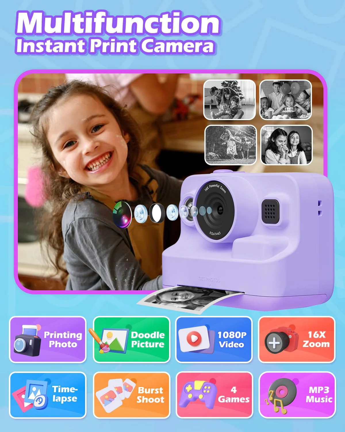Kids Digital Camera with 1080P Video, IPS Screen, 32GB SD Card - Christmas Gift, Age 3-12 Purple - Image 2