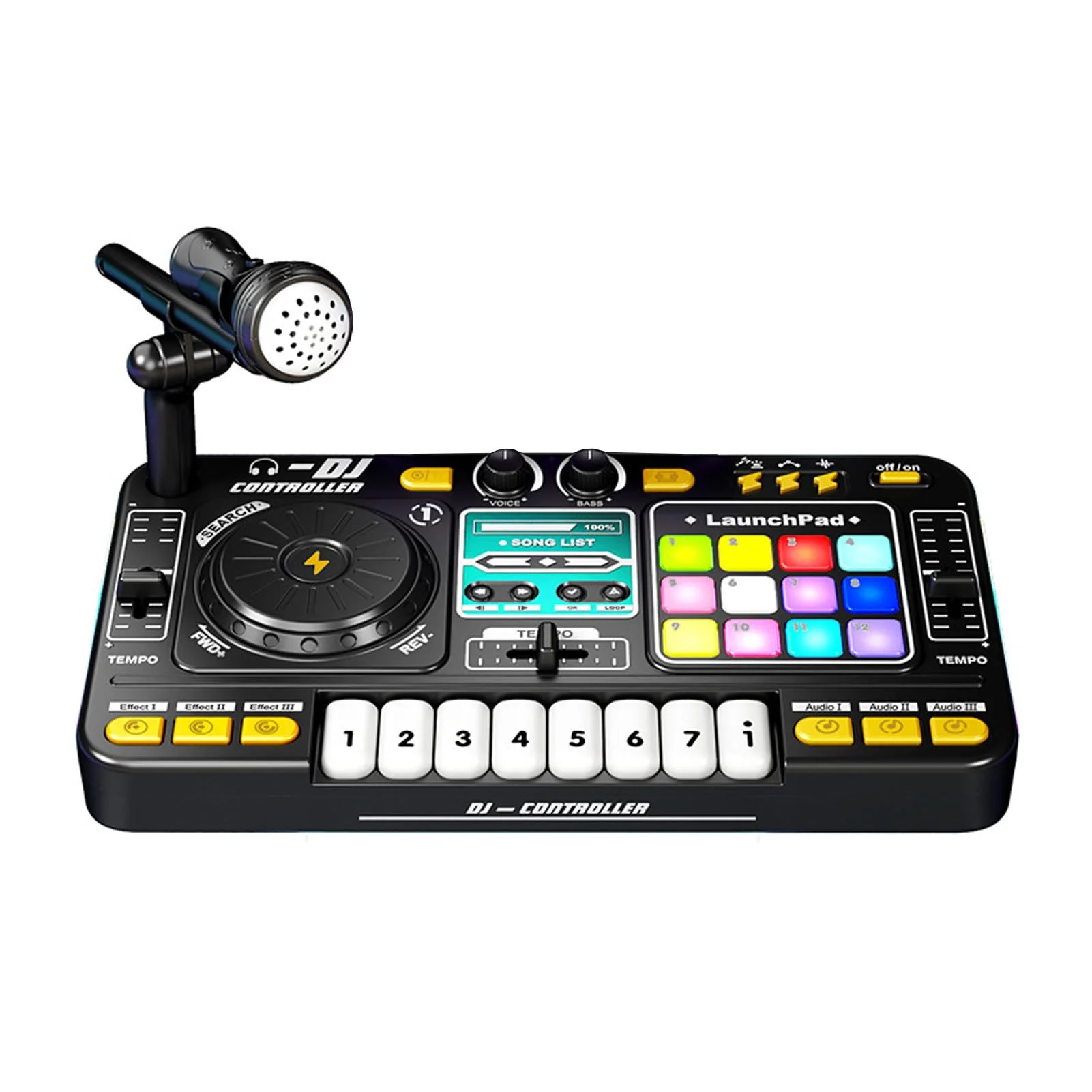 Kids DJ Controller DJ Mixer Table DJ Equipment with BT 5.0 Adjustable Microphone 8 Electronic Keyboard Buttons 3 Disc Sound Effects 12 MIDI Songs Light-Up Whack-A-Mole Game Black