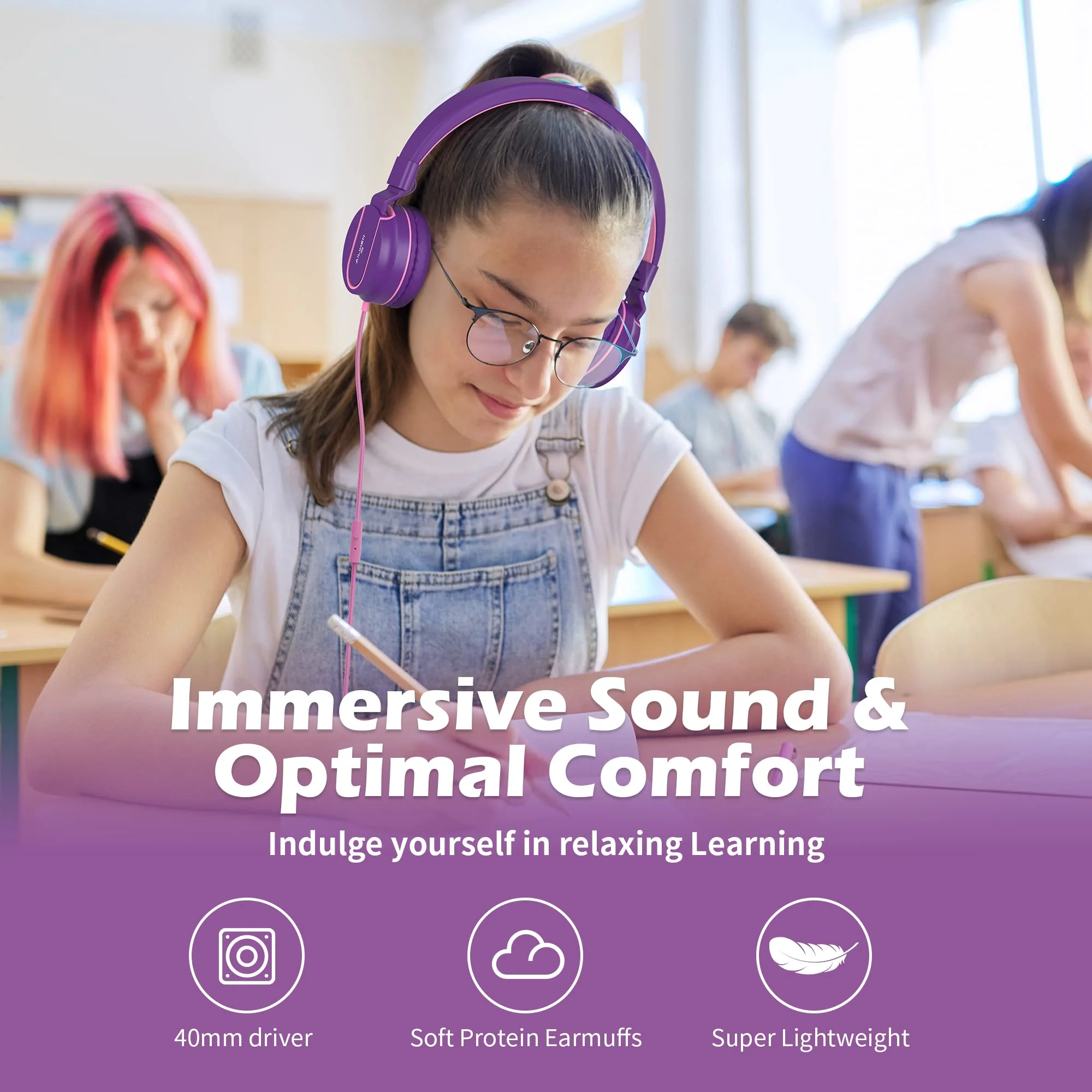 Kids Headphones, AILIHEN I35 On-Ear Headphones for School, Safe Volume 93dB, HD Mic Stereo Headphone for Kid Girls Children, Foldable Wired 3.5mm for Chromebook, Laptop, Computer, Tablet (Pink Purple) Pink Purple - Image 2