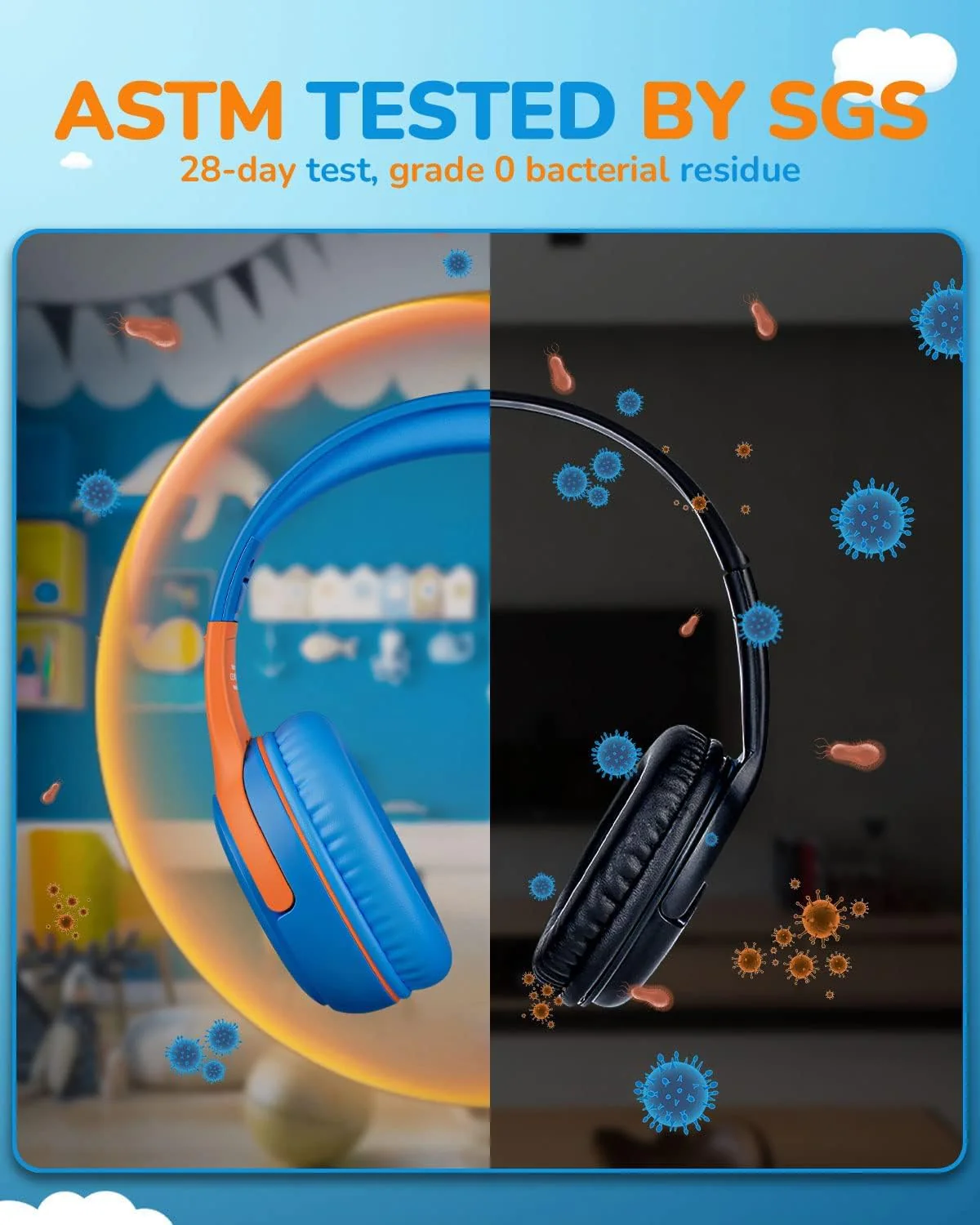 Kids Headphones Wired Toddler Headphones with Microphone, Over-Ear Headphones, 85/94dB Volume-Limiting, 3.5mm Jack, Foldable On-Ear Design - Safe & Comfortable for Learning & Entertainment BlueOrange - Image 3