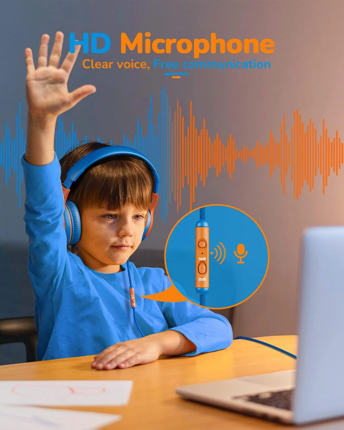 Kids Headphones Wired Toddler Headphones with Microphone, Over-Ear Headphones, 85/94dB Volume-Limiting, 3.5mm Jack, Foldable On-Ear Design - Safe & Comfortable for Learning & Entertainment BlueOrange - Image 4