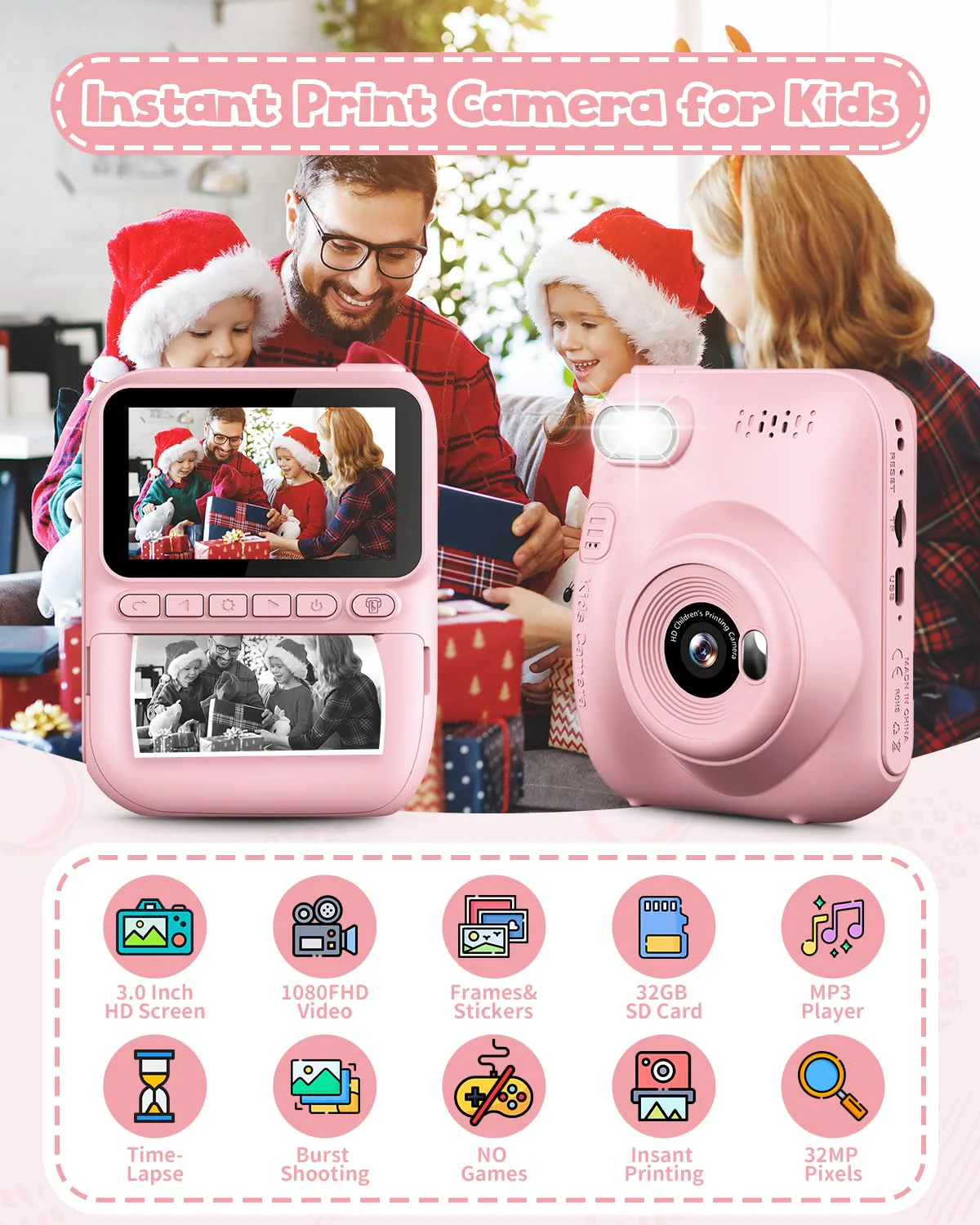 Kids Instant Print Camera, 3.0-inch HD Screen 32MP Photo Instant Digital Camera Christmas Birthday Gifts Toys for Toddle Children Girls Boys Age 3-12 - Pink - Image 2