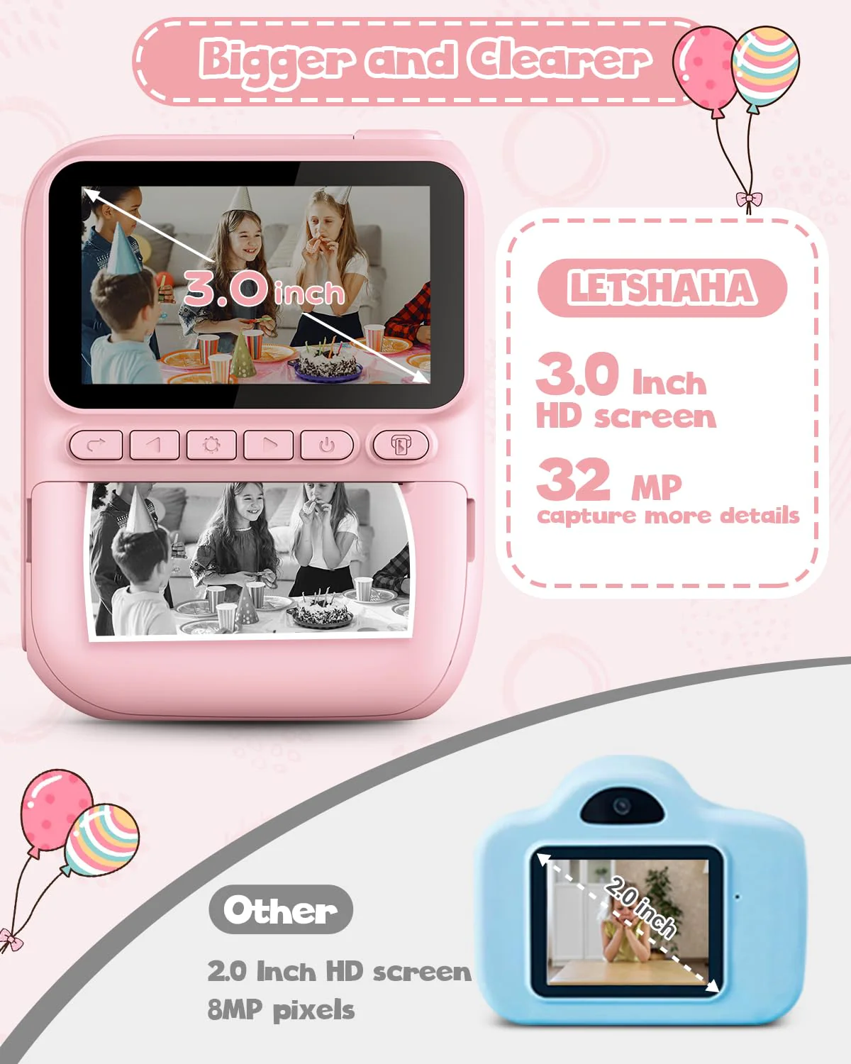 Kids Instant Print Camera, 3.0-inch HD Screen 32MP Photo Instant Digital Camera Christmas Birthday Gifts Toys for Toddle Children Girls Boys Age 3-12 - Pink - Image 3