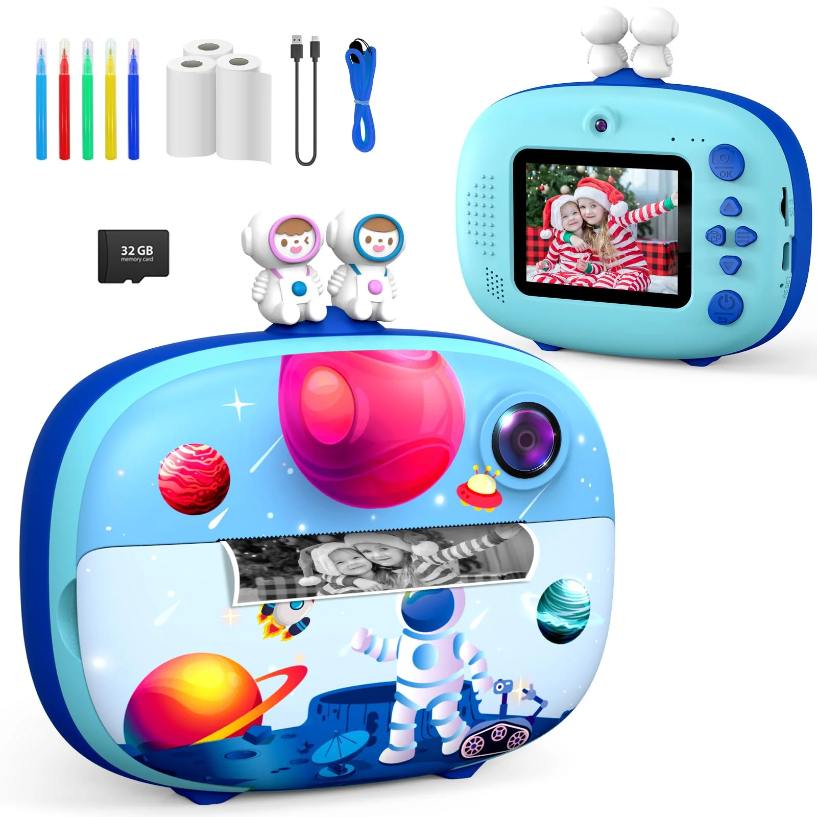 Kids Instant Printing Camera with Print Papers2.4 inch 1080P LCD Screen Dual Camera Toddler Camera - P83 (Blue) Blue