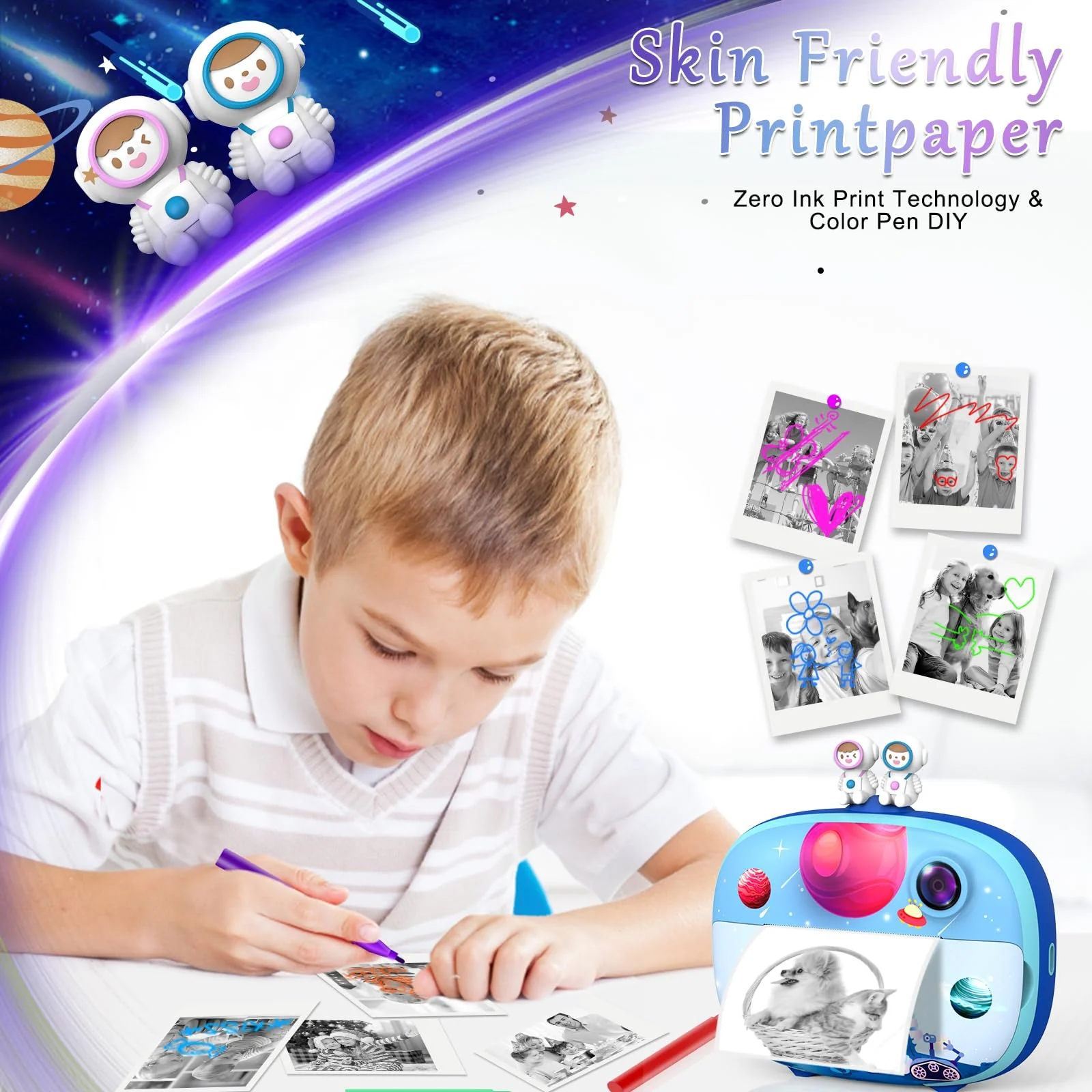 Kids Instant Printing Camera with Print Papers2.4 inch 1080P LCD Screen Dual Camera Toddler Camera - P83 (Blue) Blue - Image 5