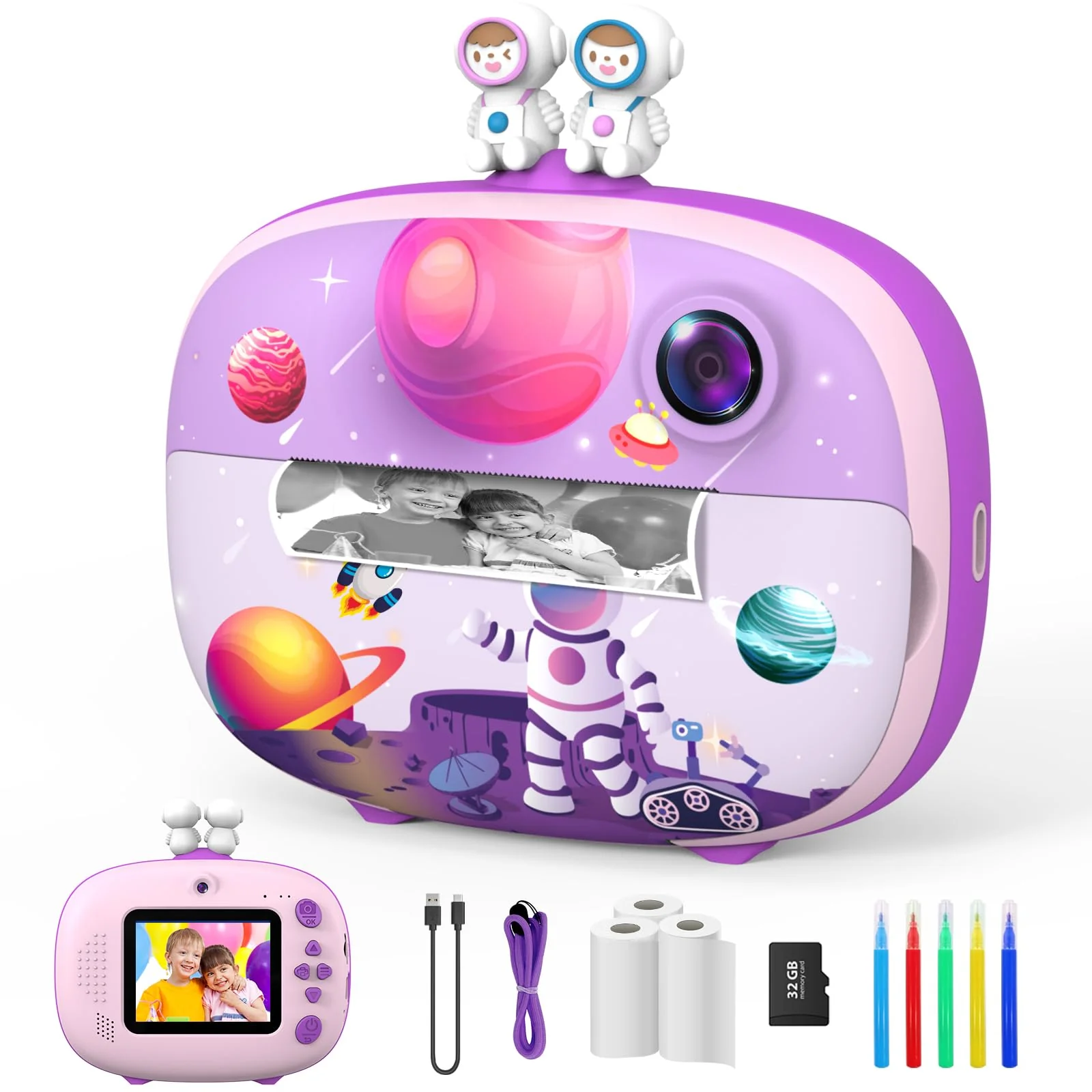 Kids Instant Printing Camera with Print Papers2.4 inch 1080P LCD Screen Dual Camera Toddler Camera - P83 (Purple) Purple