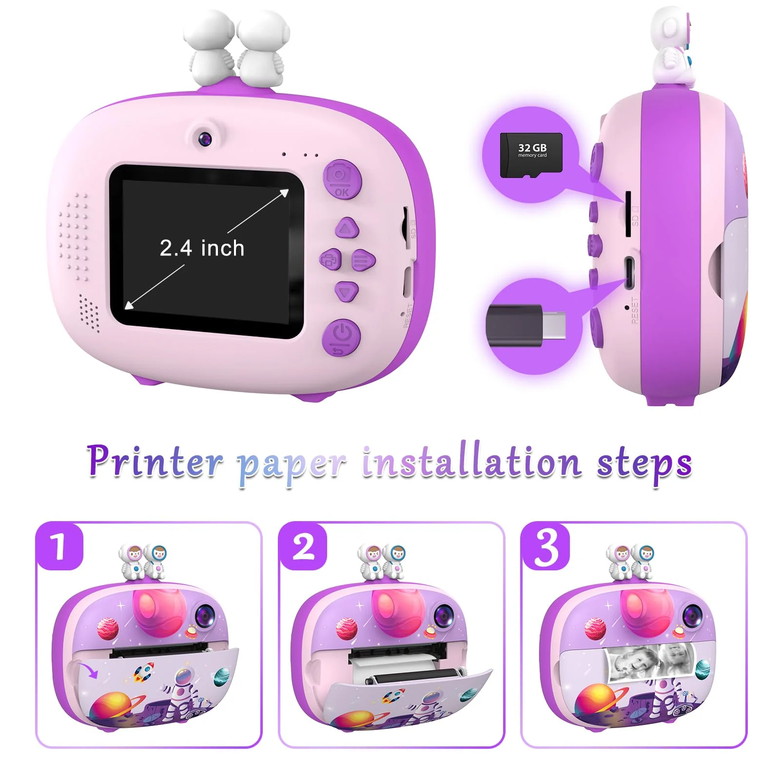 Kids Instant Printing Camera with Print Papers2.4 inch 1080P LCD Screen Dual Camera Toddler Camera - P83 (Purple) Purple - Image 6