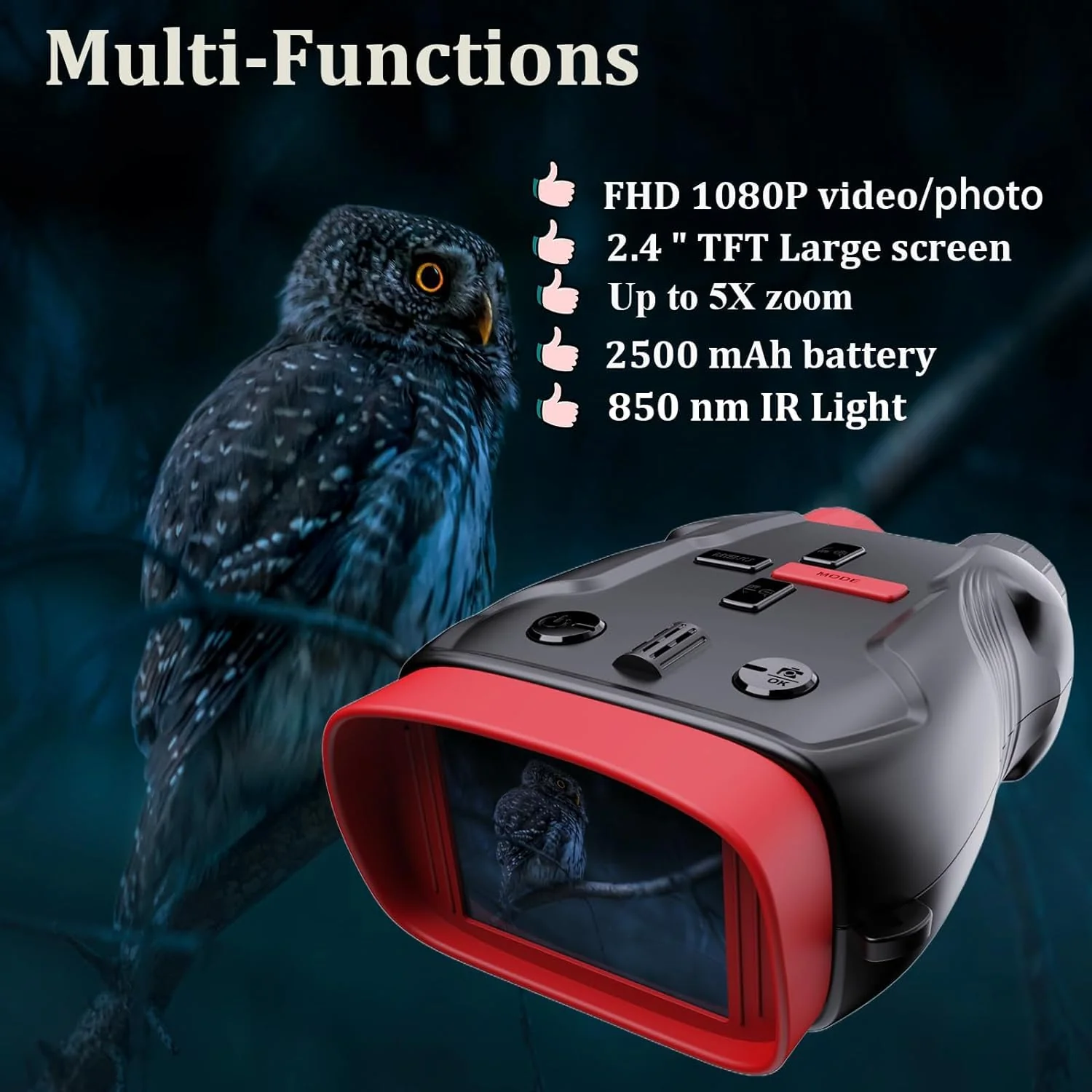 Kids Toys Night Vision Goggles for Kids Ages 5 and Up Gifts for Kids 32GB Card, 5X Zoom Kids Camera Night Vision Binoculars for Kids for Kids Red - Image 2
