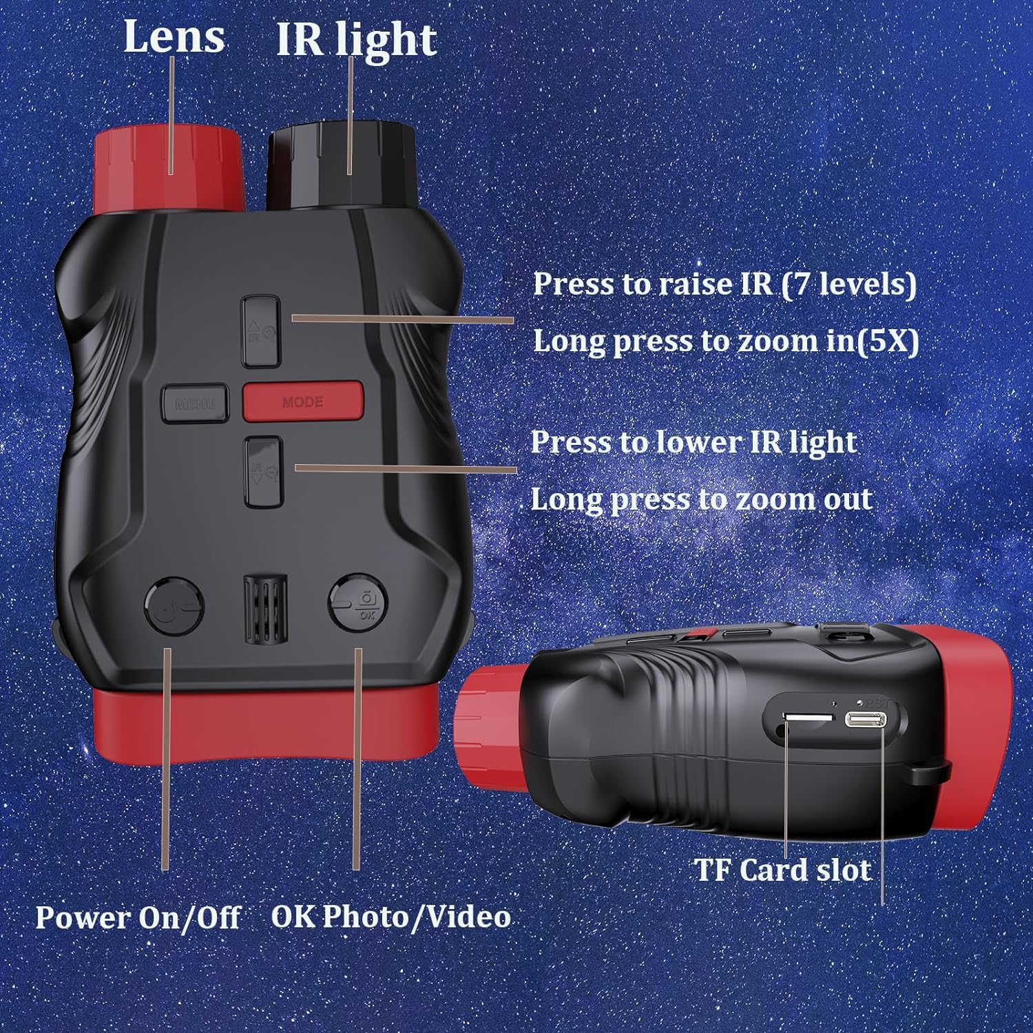 Kids Toys Night Vision Goggles for Kids Ages 5 and Up Gifts for Kids 32GB Card, 5X Zoom Kids Camera Night Vision Binoculars for Kids for Kids Red - Image 5