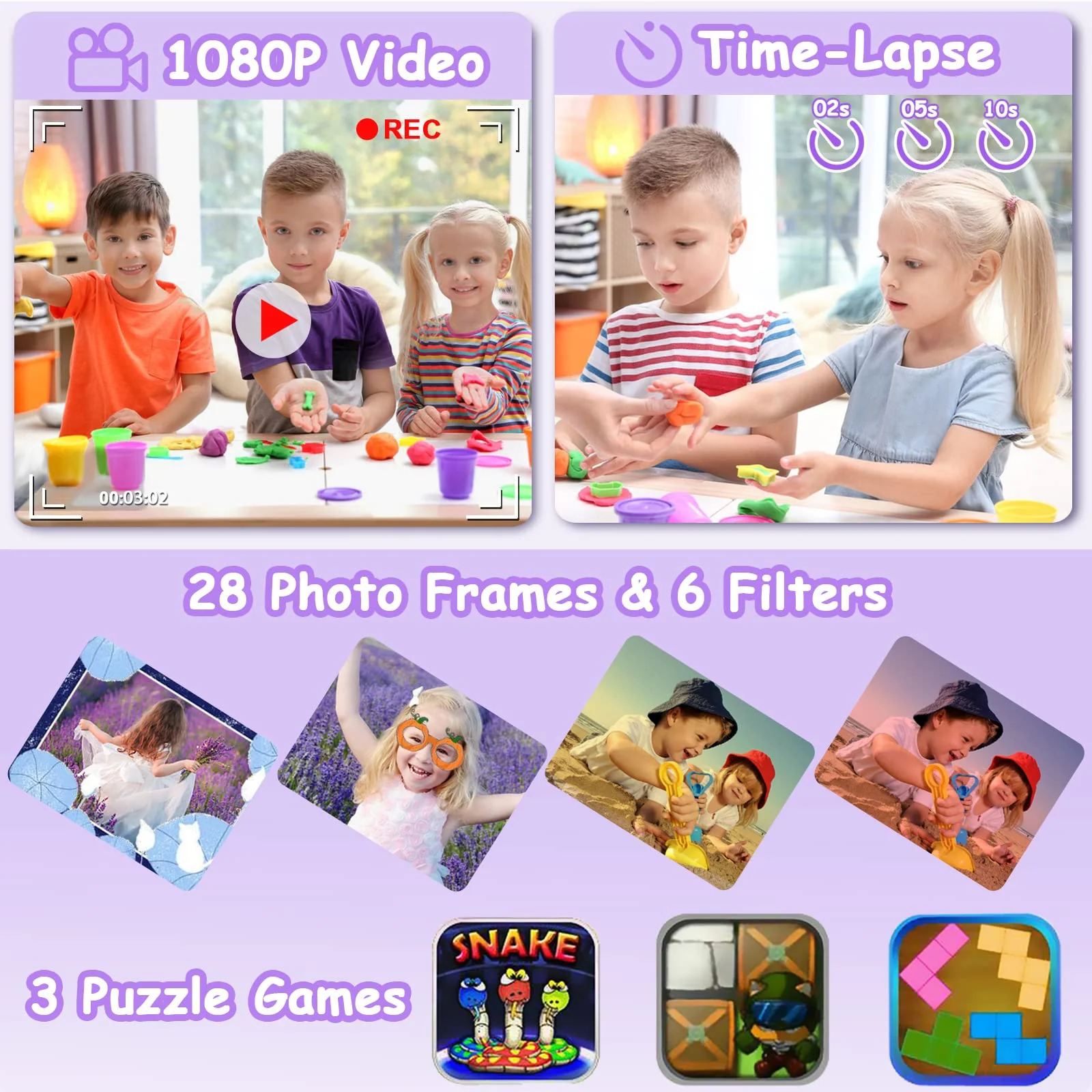 Kids Waterproof Camera, Christmas Birthday Gifts for Boys Girls Toys 3-12 Year Old, Underwater Mini Children HD Digital Action Camcorder, 2 Inch IPS Screen with 32GB Card (Lavender) Lavender - Image 3