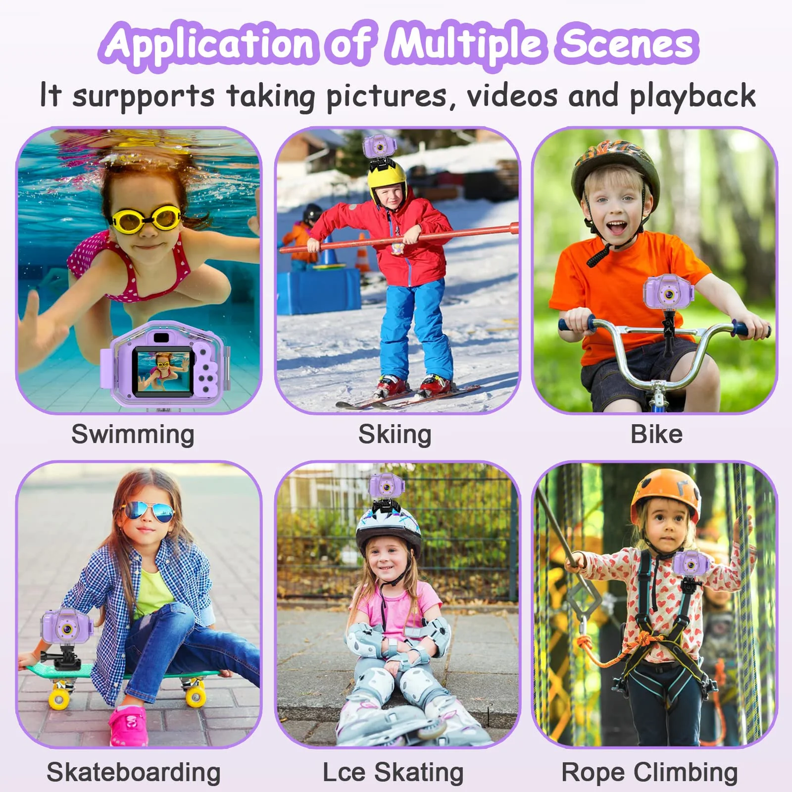 Kids Waterproof Camera, Christmas Birthday Gifts for Boys Girls Toys 3-12 Year Old, Underwater Mini Children HD Digital Action Camcorder, 2 Inch IPS Screen with 32GB Card (Lavender) Lavender - Image 4