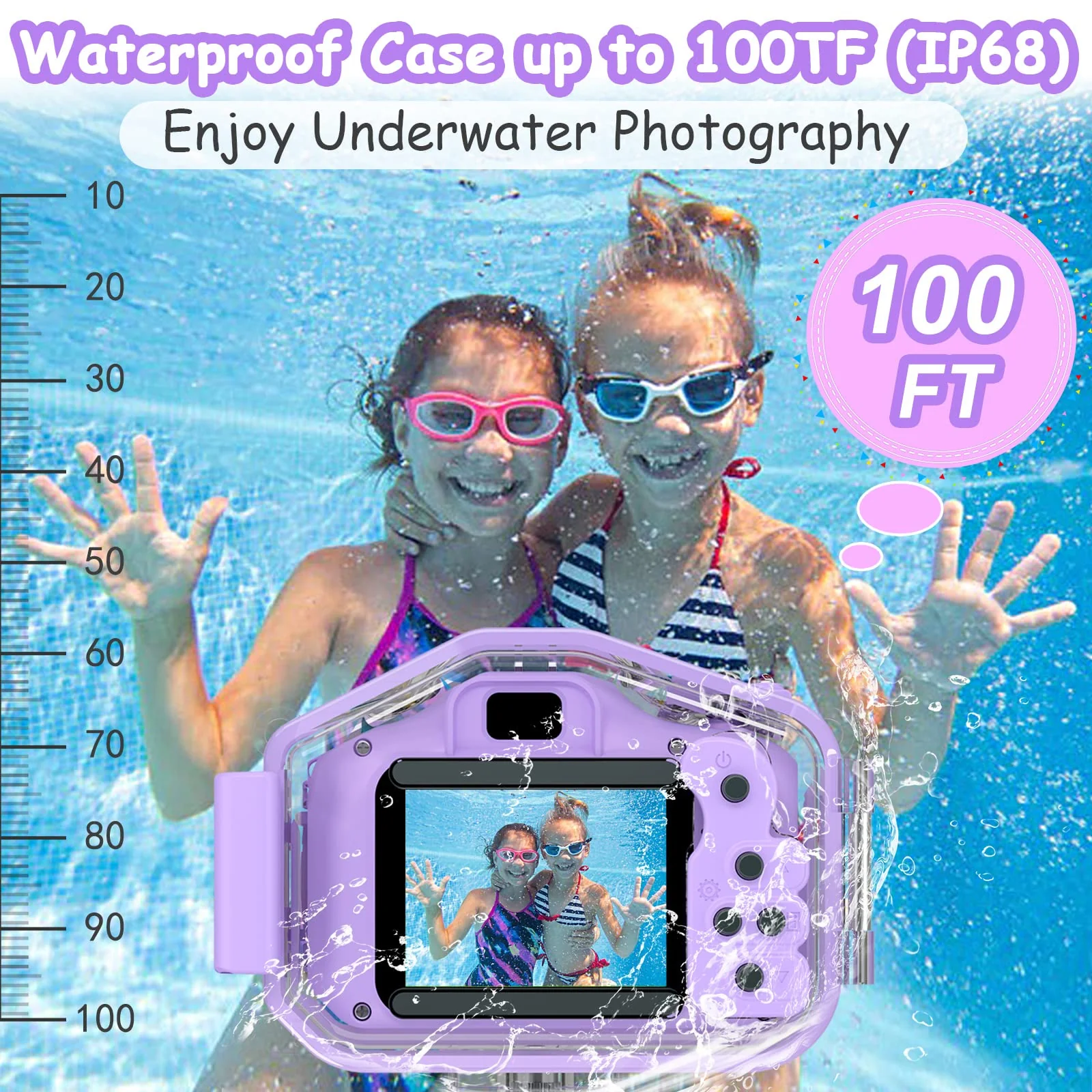 Kids Waterproof Camera, Christmas Birthday Gifts for Boys Girls Toys 3-12 Year Old, Underwater Mini Children HD Digital Action Camcorder, 2 Inch IPS Screen with 32GB Card (Lavender) Lavender - Image 5