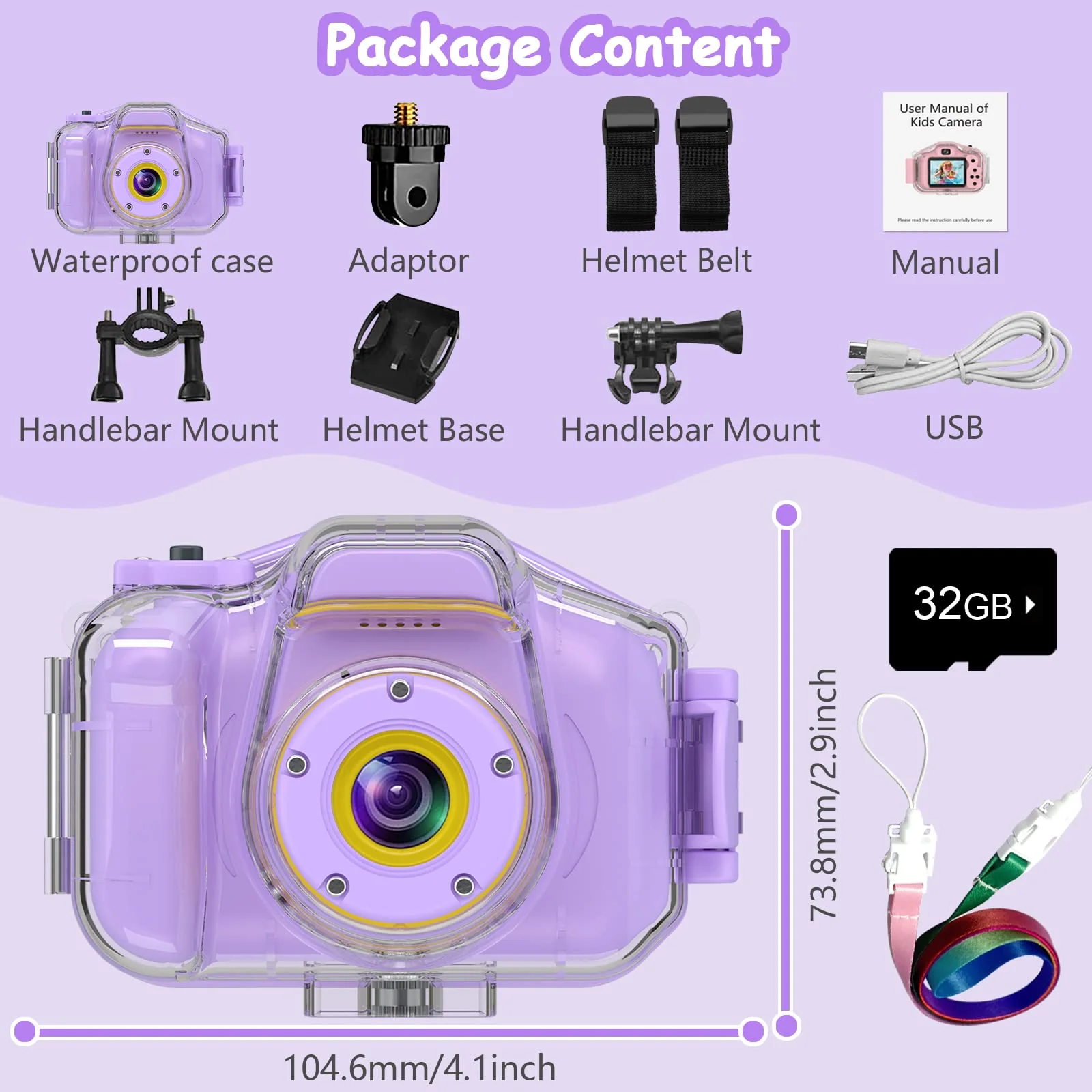 Kids Waterproof Camera, Christmas Birthday Gifts for Boys Girls Toys 3-12 Year Old, Underwater Mini Children HD Digital Action Camcorder, 2 Inch IPS Screen with 32GB Card (Lavender) Lavender - Image 7
