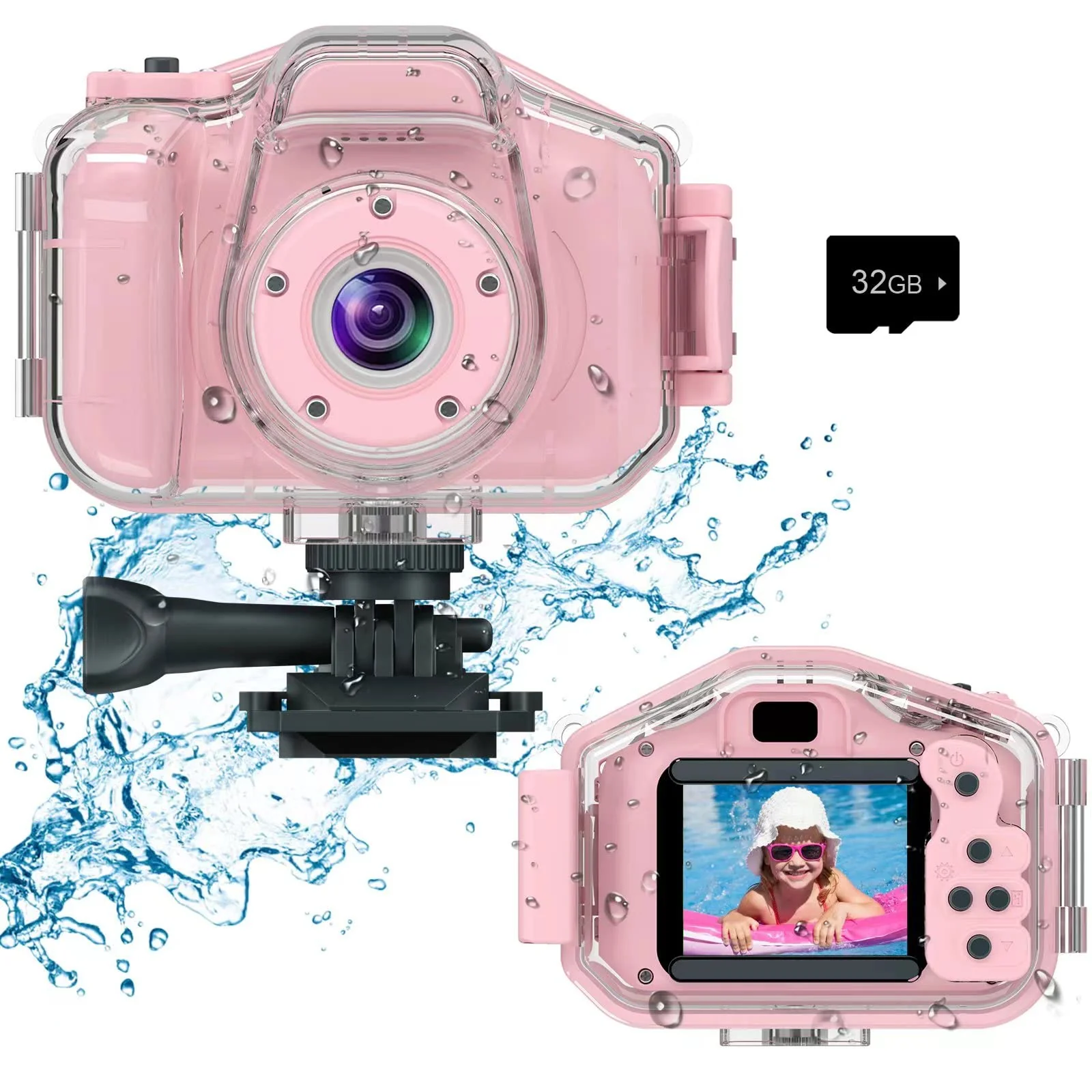 Kids Waterproof Camera for Girls, Christmas Birthday 3-12 Year Old Boys Toddler Toys Gifts, Mini Underwater Children HD Digital Action Cameras, 2 Inch IPS Screen with 32GB Card (Pink) Pink