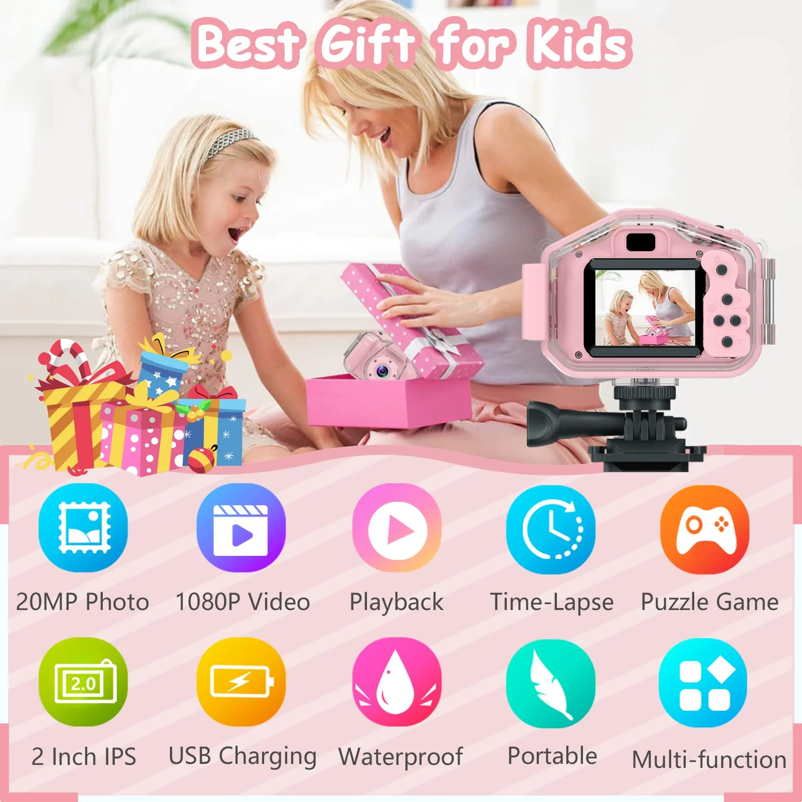 Kids Waterproof Camera for Girls, Christmas Birthday 3-12 Year Old Boys Toddler Toys Gifts, Mini Underwater Children HD Digital Action Cameras, 2 Inch IPS Screen with 32GB Card (Pink) Pink - Image 2