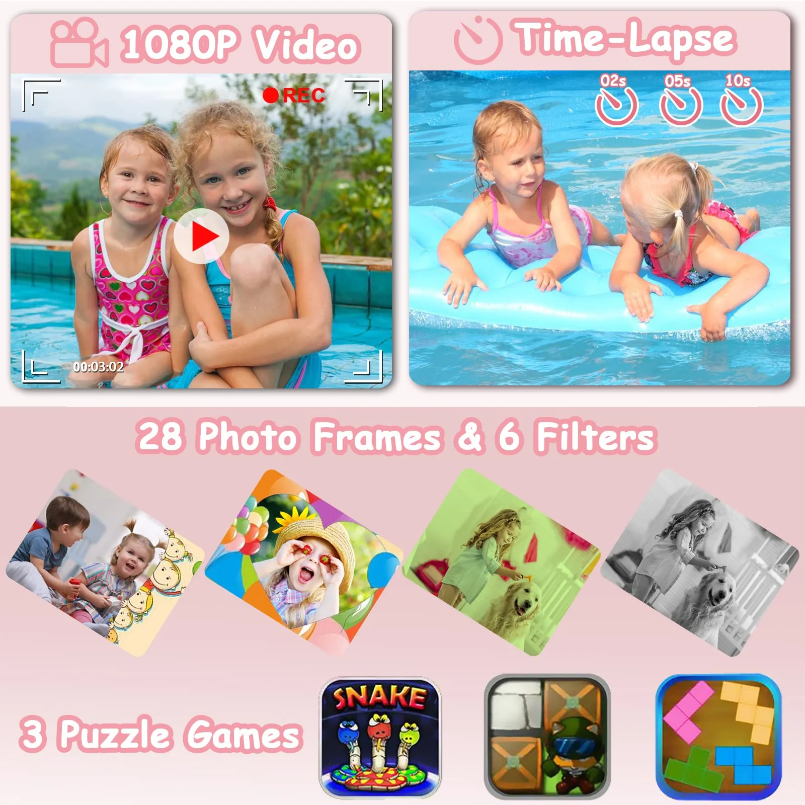 Kids Waterproof Camera for Girls, Christmas Birthday 3-12 Year Old Boys Toddler Toys Gifts, Mini Underwater Children HD Digital Action Cameras, 2 Inch IPS Screen with 32GB Card (Pink) Pink - Image 4