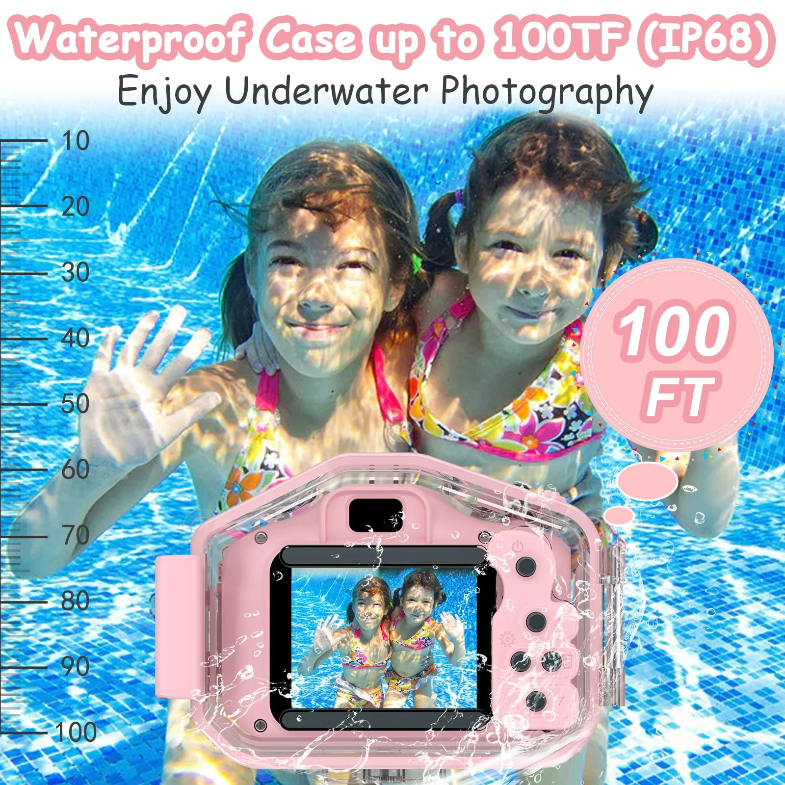 Kids Waterproof Camera for Girls, Christmas Birthday 3-12 Year Old Boys Toddler Toys Gifts, Mini Underwater Children HD Digital Action Cameras, 2 Inch IPS Screen with 32GB Card (Pink) Pink - Image 5