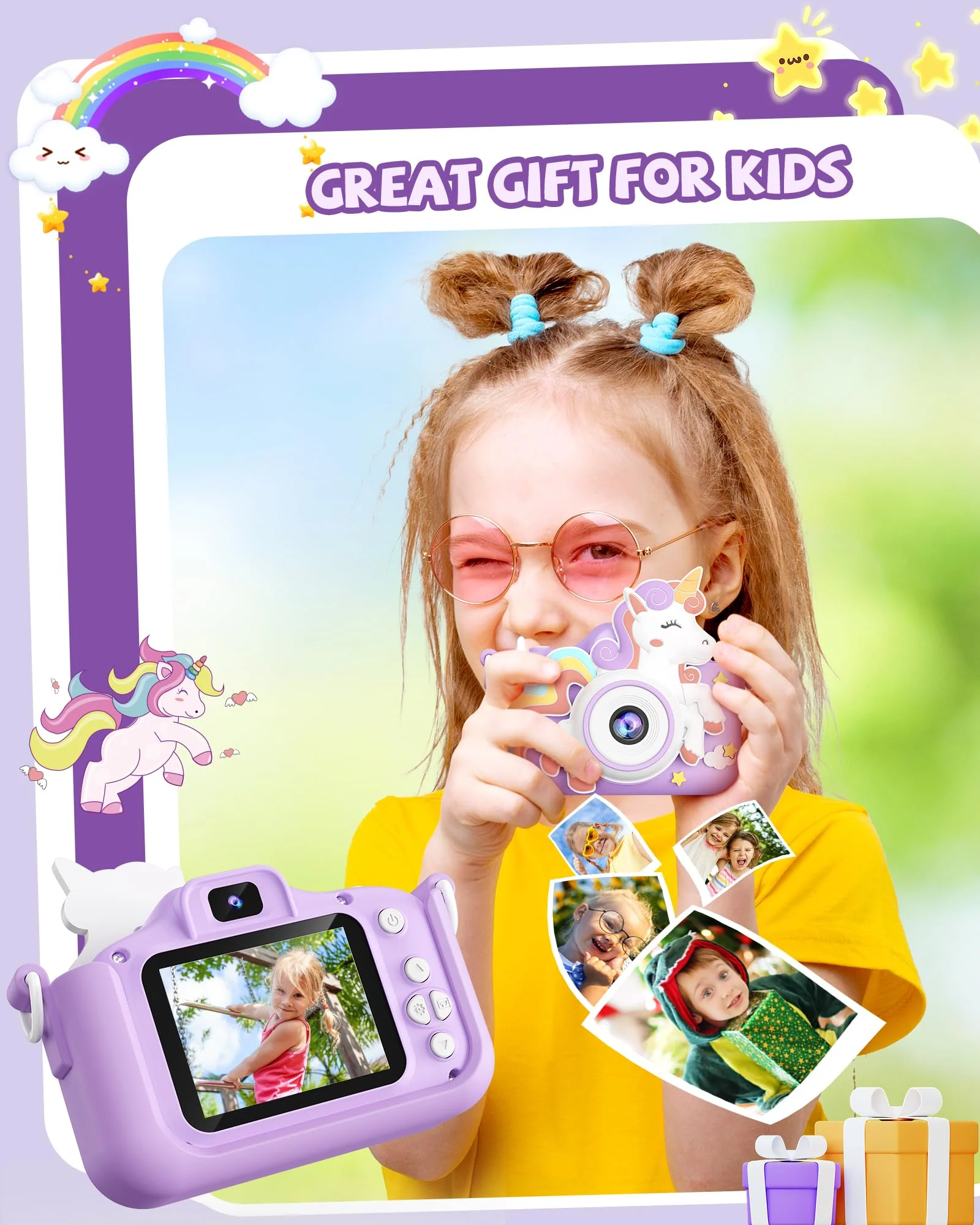 Kikapabi Kids Camera Toys Selfie Digital Camera for Kids Age 3-10 Video Camera with 32G SD Card Christmas Birthday Gifts for Girls (Purple) Purple - Image 3