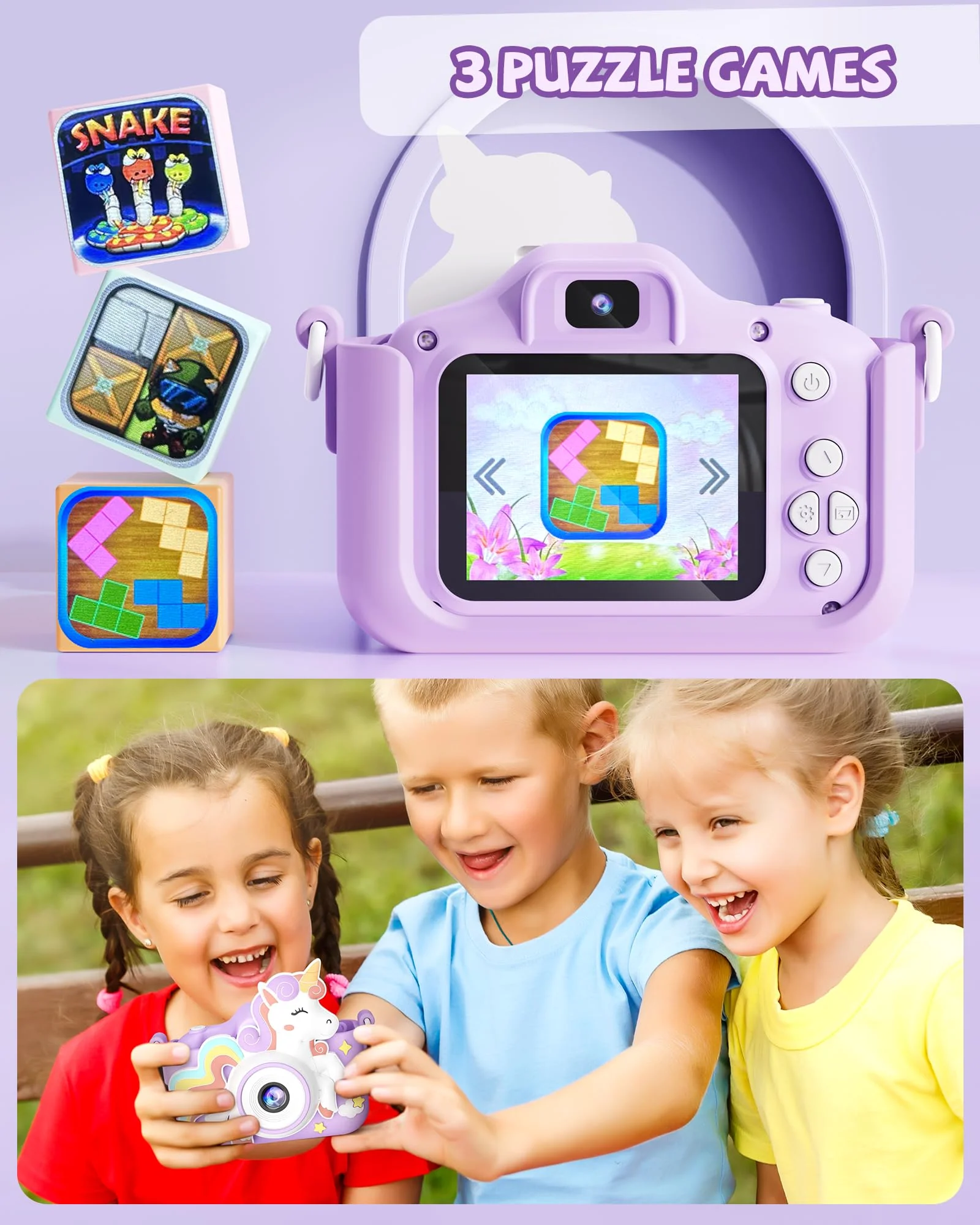 Kikapabi Kids Camera Toys Selfie Digital Camera for Kids Age 3-10 Video Camera with 32G SD Card Christmas Birthday Gifts for Girls (Purple) Purple - Image 6