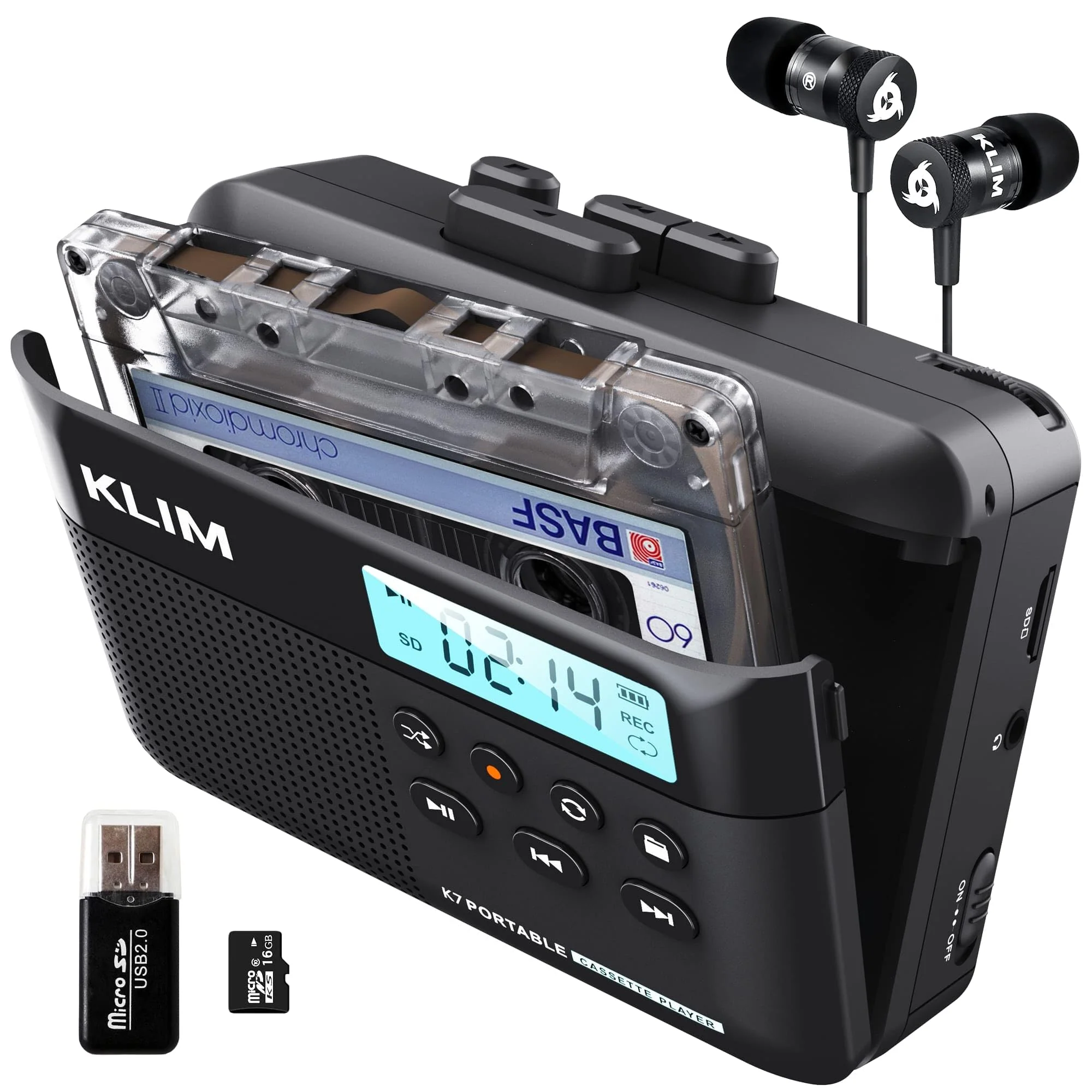 KLIM K7 Cassette Tape Player + Cassette to MP3 Converter + Portable Cassette Player + Walkman Cassette Player + Built-in Microphone & Speaker + Rechargeable Battery + Earphones + 16GB SD Card Black
