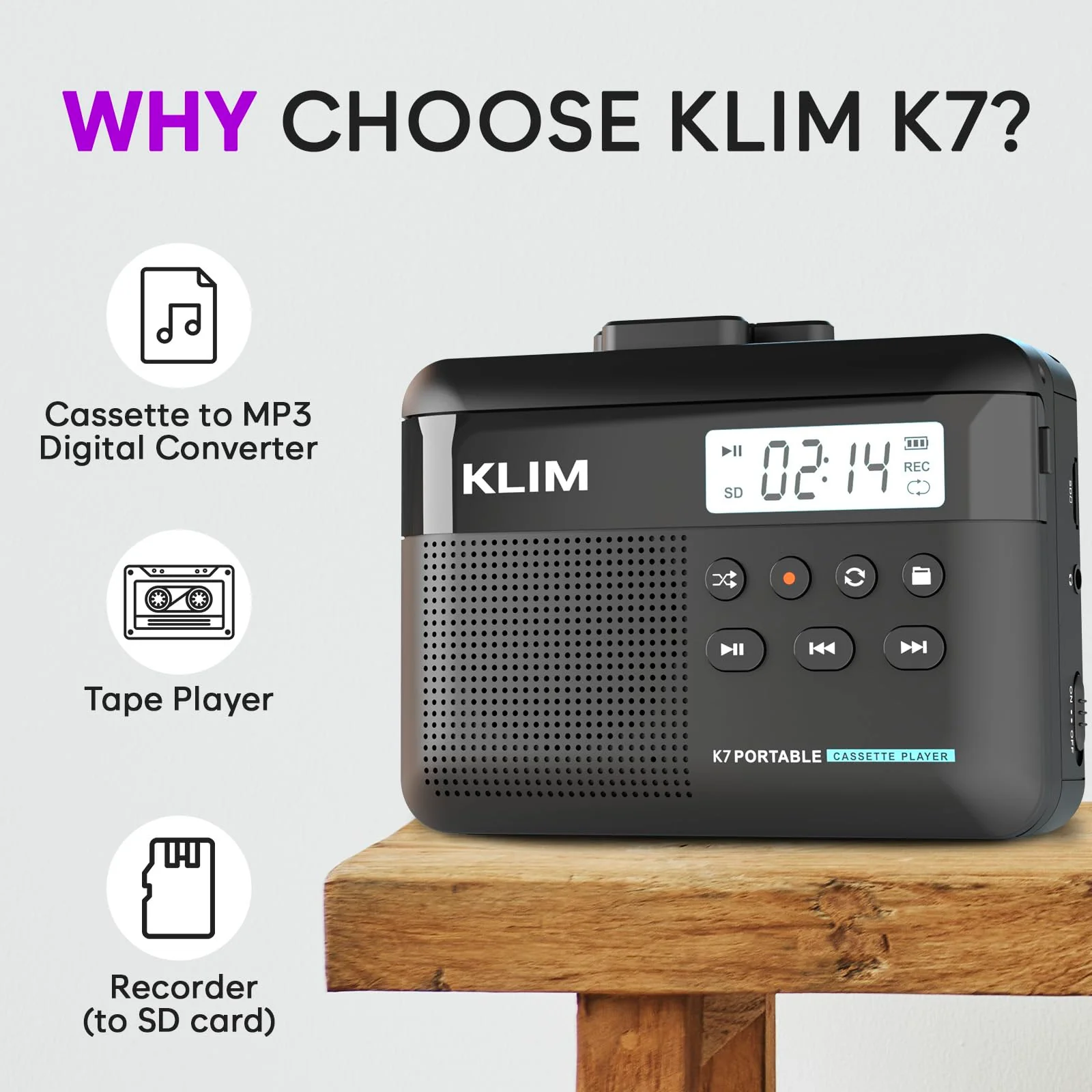 KLIM K7 Cassette Tape Player + Cassette to MP3 Converter + Portable Cassette Player + Walkman Cassette Player + Built-in Microphone & Speaker + Rechargeable Battery + Earphones + 16GB SD Card Black - Image 2