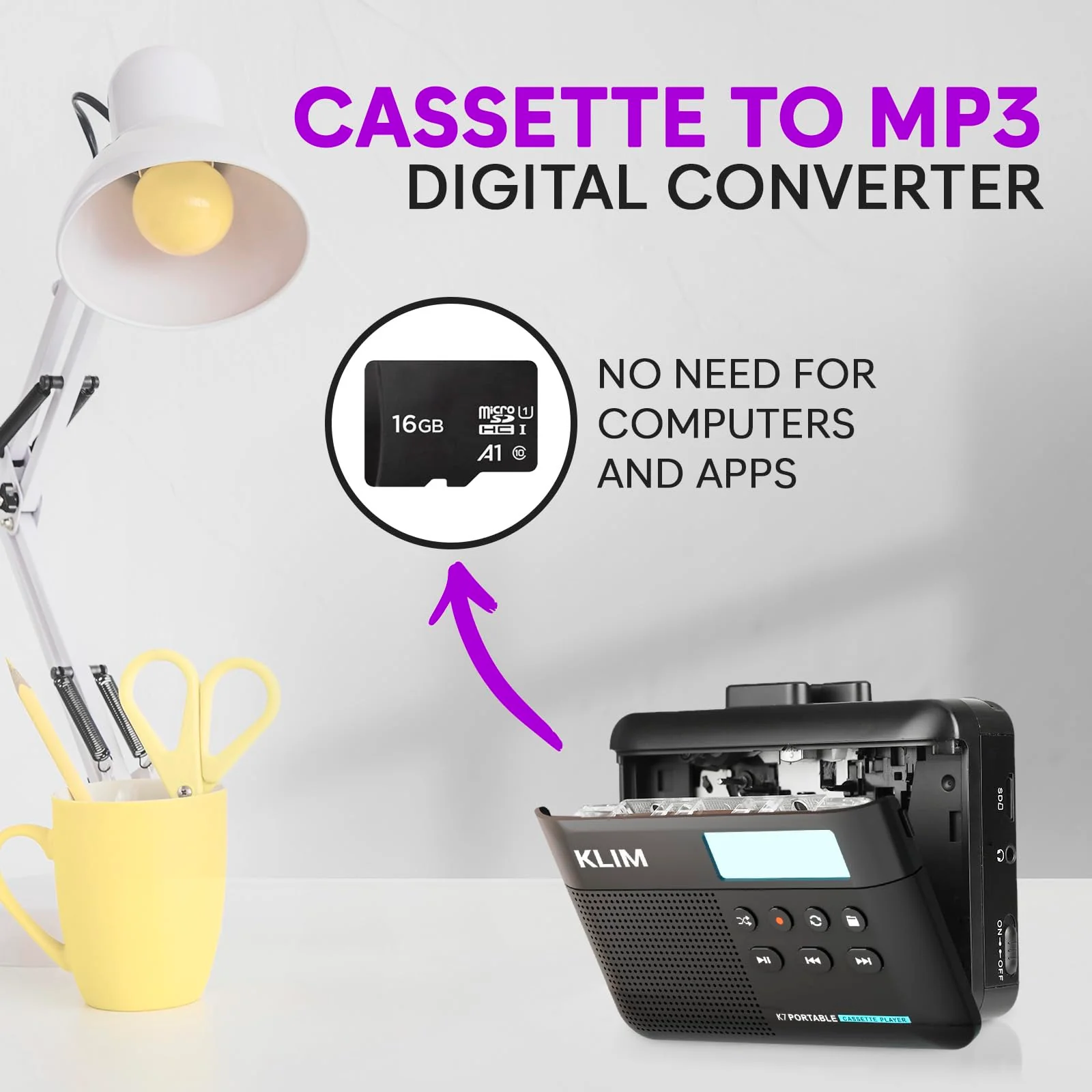 KLIM K7 Cassette Tape Player + Cassette to MP3 Converter + Portable Cassette Player + Walkman Cassette Player + Built-in Microphone & Speaker + Rechargeable Battery + Earphones + 16GB SD Card Black - Image 3