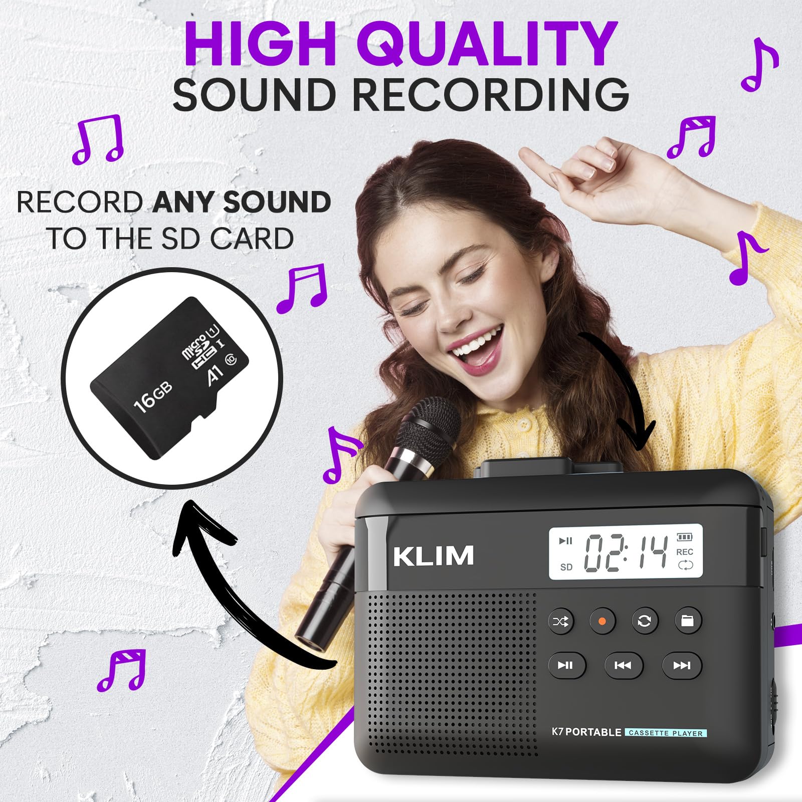 KLIM K7 Cassette Tape Player + Cassette to MP3 Converter + Portable Cassette Player + Walkman Cassette Player + Built-in Microphone & Speaker + Rechargeable Battery + Earphones + 16GB SD Card Black - Image 4