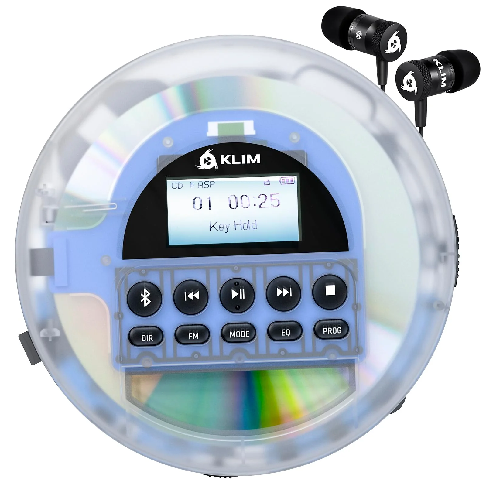 KLIM Nomad Transparent - New 2024 - Portable CD Player Walkman with Long-Lasting Battery - Includes Headphones - Radio FM - MP3 CD Player Portable - TF Card Radio FM Bluetooth - Ideal for Cars Clear