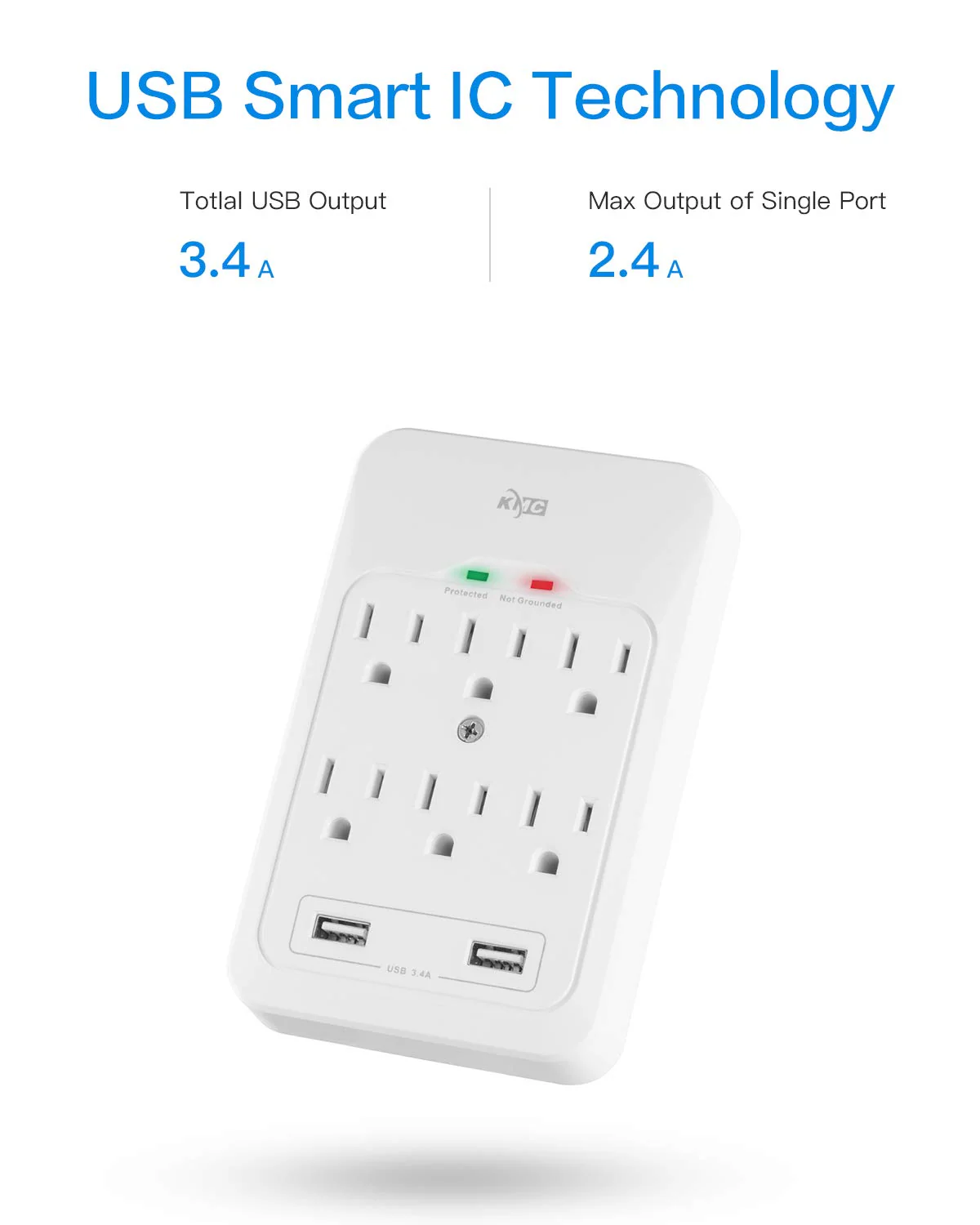 KMC 6-Outlet Surge Tap, 2 USB Ports (3.4A), 980 Joules Surge Protector, White 1 pack - Image 2