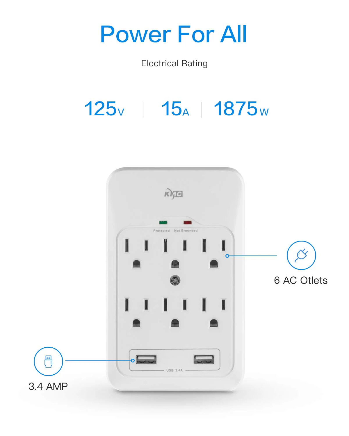 KMC 6-Outlet Surge Tap, 2 USB Ports (3.4A), 980 Joules Surge Protector, White 1 pack - Image 3