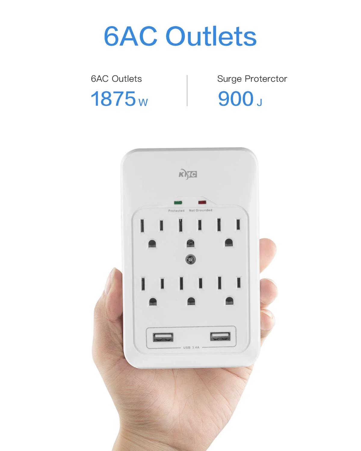 KMC 6-Outlet Surge Tap, 2 USB Ports (3.4A), 980 Joules Surge Protector, White 1 pack - Image 4