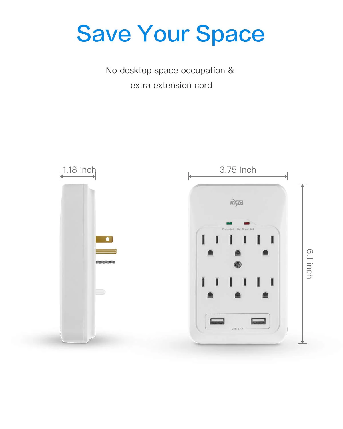 KMC 6-Outlet Surge Tap, 2 USB Ports (3.4A), 980 Joules Surge Protector, White 1 pack - Image 7