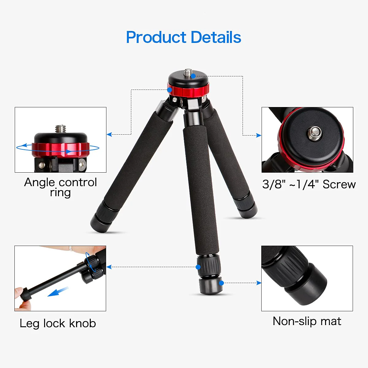 Koolehaoda Mini Tripod Table Stand Desktop Compact Tripod with 1/4" and 3/8" Screw Mount Compatible with DSLR Camera, Monopods, Tripod Head and Gimbal Grip Stabilizer MT-02 - Image 2