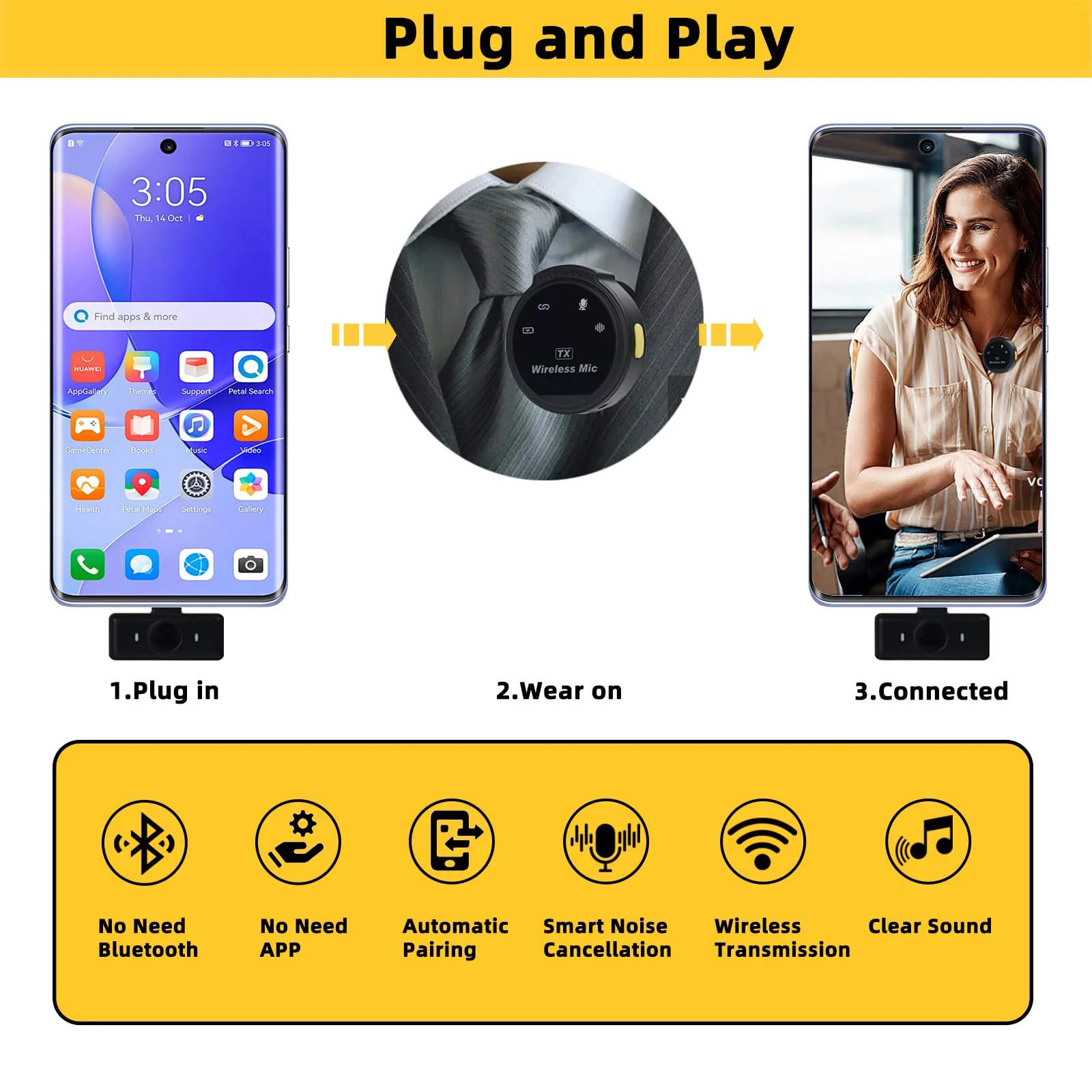 KozyOne Magnetic Wireless Lavalier Microphone, 164ft Range, 40H Usage Time for Android & iPhone 15 with Type-C/USB-C Port, Noise Cancellation and Reverb Sound Effect, Pack of 2 - Image 2