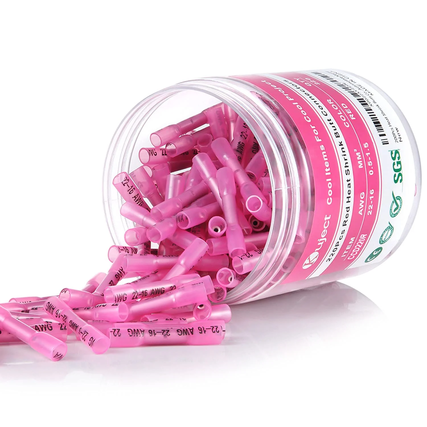 Kuject 220pcs Red Butt Connectors, Crimp Connector with Heat Shrink Tubing, Cable Connector Set, AWG 22-16 (0.5-1.5 mm²) Rote AWG 22-16