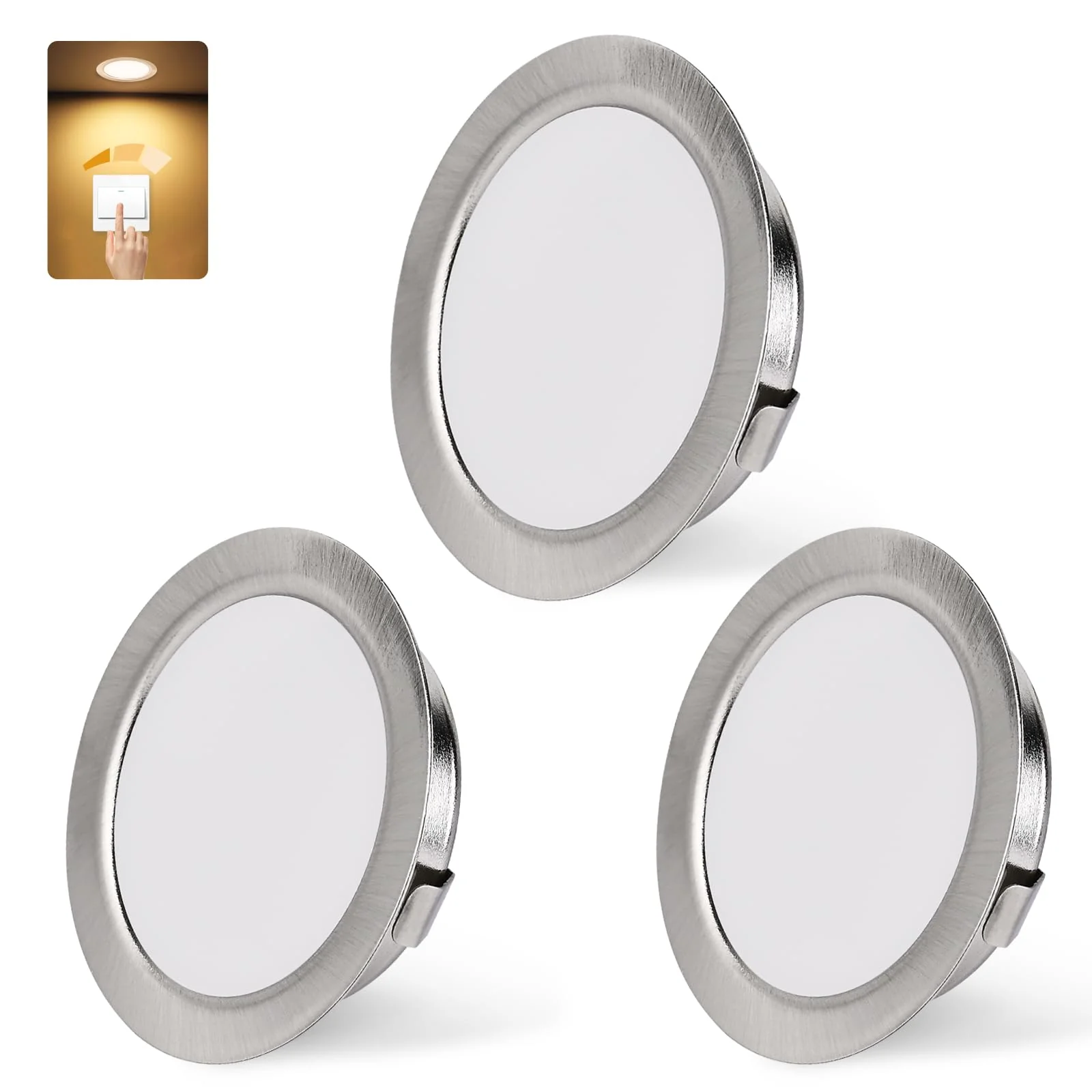 KYOTECH LED Recessed Spotlight 230 V Dimmable, 3 W 3000 K Warm White LED Spot Ultra Flat 300 LM Bore Hole 55-58 mm and 15 mm Flat IP44 Furniture Recessed Spotlights for Mirror Cabinet, Nickel Set of 3 3 pieces Brushed Nickel