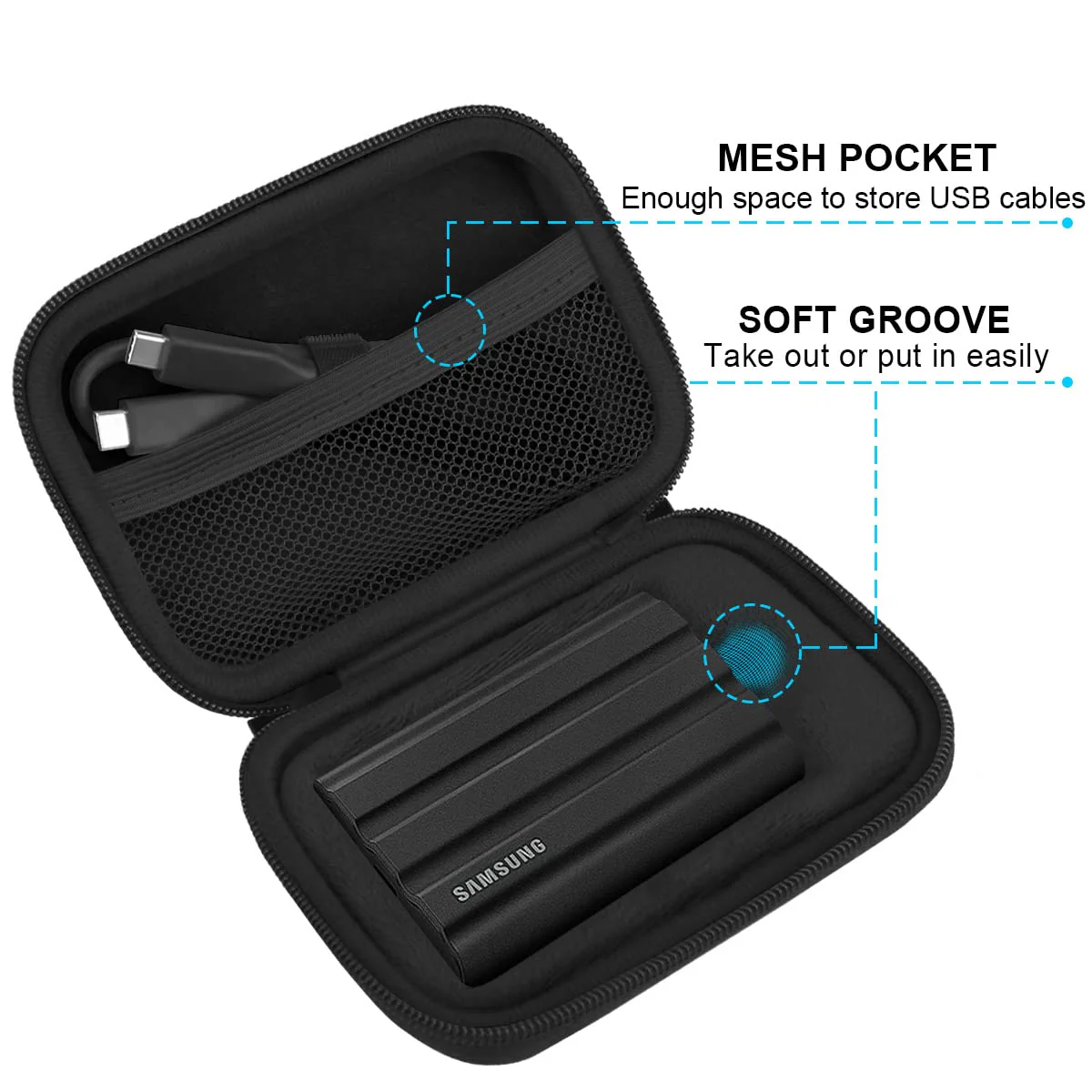 Lacdo Hard Carrying Case for Samsung T7 Shield / T7 / T7 Touch Portable Solid State Drives 500GB 1TB 2TB 4TB USB 3.2 External SSD Hard EVA Shockproof Storage Travel Bag, Black+Black - Image 4