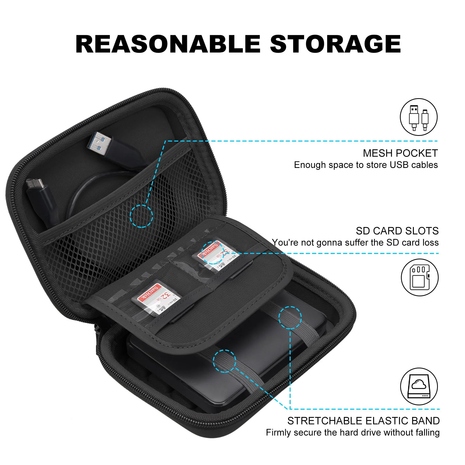 Lacdo Hard Drive Carrying Case for Toshiba Canvio Basics/Canvio Flex/Canvio Advance/Canvio Gaming Portable External Hard Drive 1TB 2TB 3TB 4TB 2.5 inch HDD Shockproof Travel Bag, Black+Black - Image 2