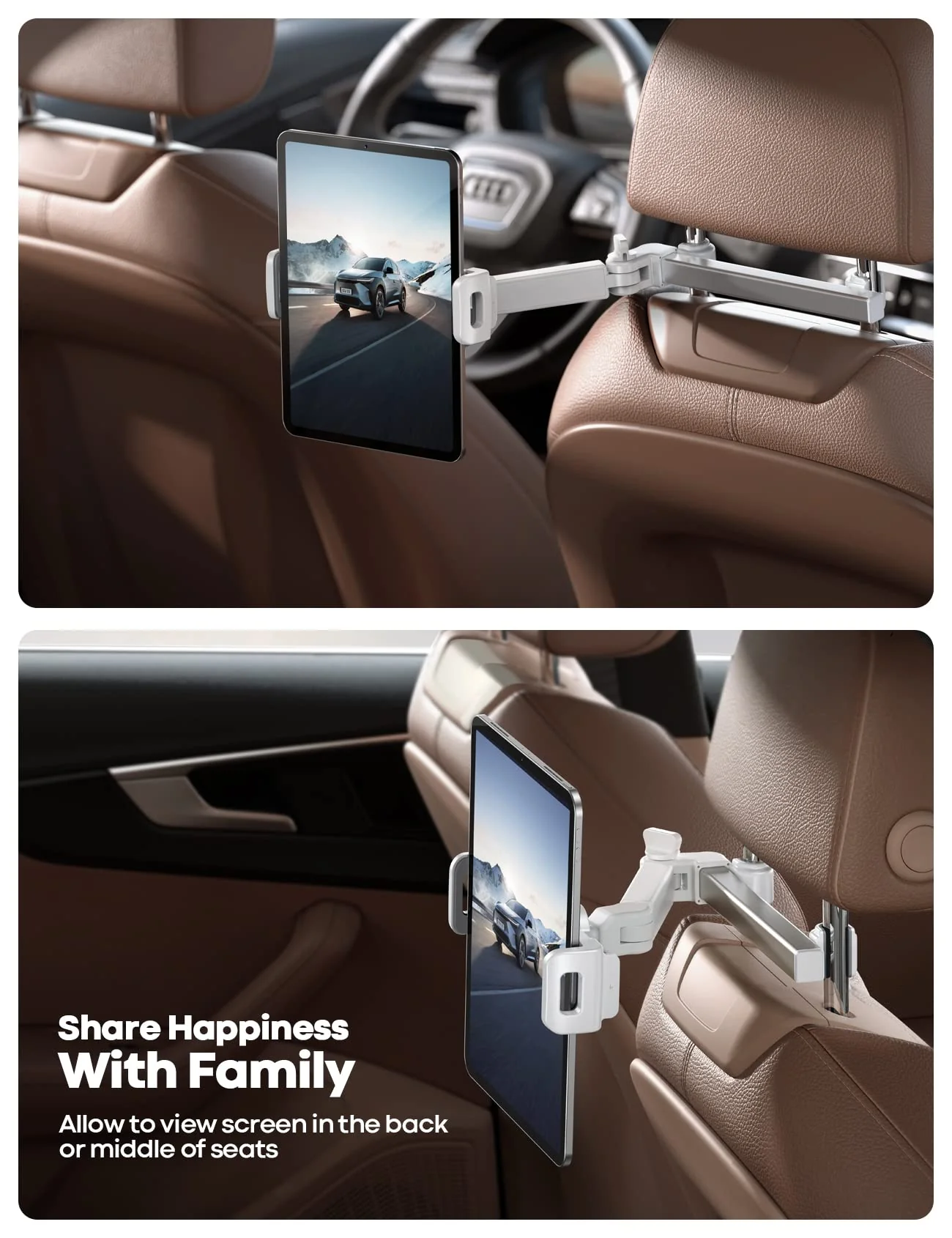Lamicall Car Headrest Tablet Holder - [ Extension Arm] 2023 Adjustable Tablet Car Mount for Back Seat, Road Trip Essentials for Kids, for 4.7-11" Tablet Like iPad Pro, Air, Mini, Galaxy, Fire, White - Image 3