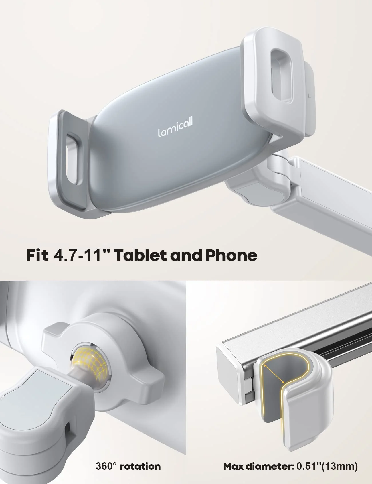 Lamicall Car Headrest Tablet Holder - [ Extension Arm] 2023 Adjustable Tablet Car Mount for Back Seat, Road Trip Essentials for Kids, for 4.7-11" Tablet Like iPad Pro, Air, Mini, Galaxy, Fire, White - Image 6
