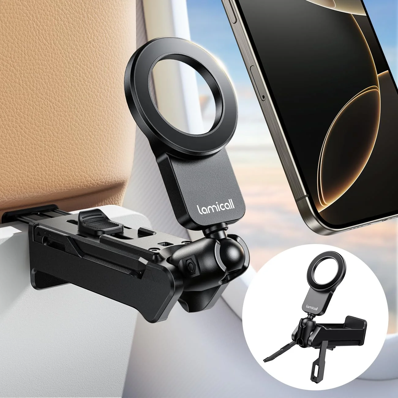 Lamicall for Magsafe Airplane Phone Holder, Airplane Travel Essentials for Flying Plane, Handsfree Airport Phone Mount Long Flight Must Haves for Woman Man Fits iPhone 16 15 14 Pro Max Series Black