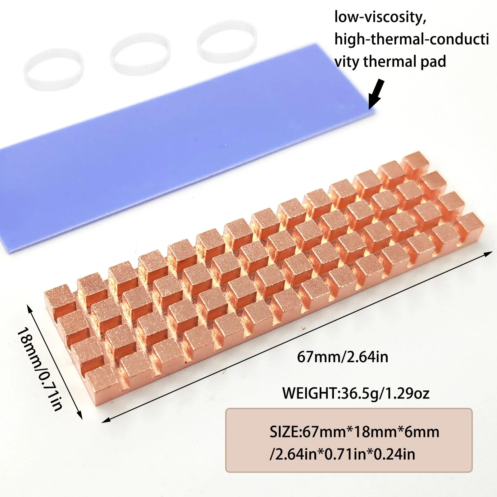 Laptop M.2 Heatsink Kit, 67x18x6mm Copper Heat Sink + High Performance Silicone Thermal pad for Cooling PC Laptop M2 2280 SSD NVMe PS5 Copper-0.23" - Image 3