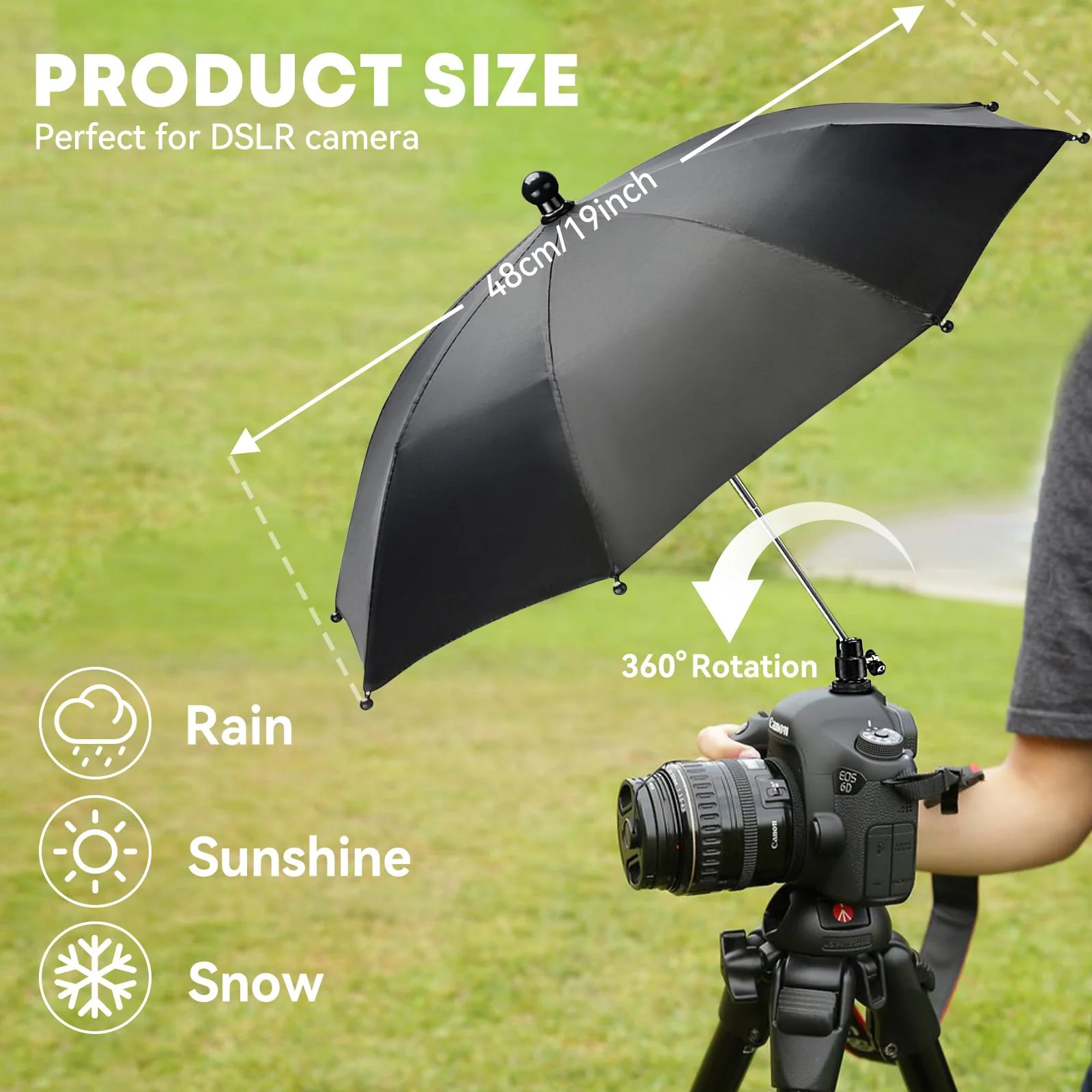 Large Camera Umbrella Hot Shoe for Rain Sun 19inch, DSLR Camera Rain Cover Shade, Protector for Canon, Sony, Nikon, Fuji, Olympus, Ajustable Height & Angle, Black, H37-FBA - Image 3